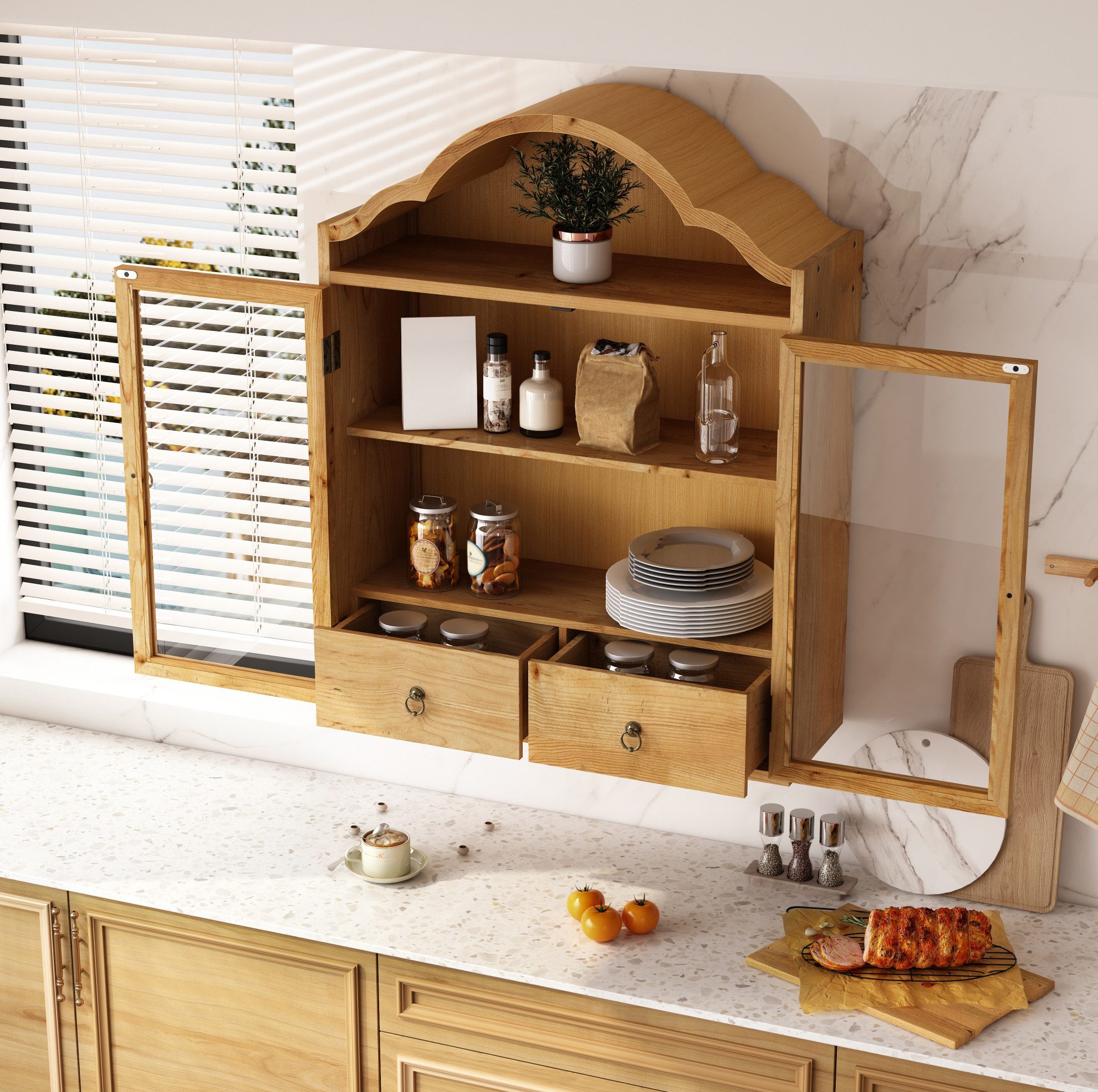 OKWISH Hängeschrank Wandschrank (Retro Stauraumschrank mit geschwungenem Wellendach, Schubladen und Stauraum, Hängevitrine für Küche, Bad, Esszimmer und Wohnzimmer, 60x22x76.5 cm)
