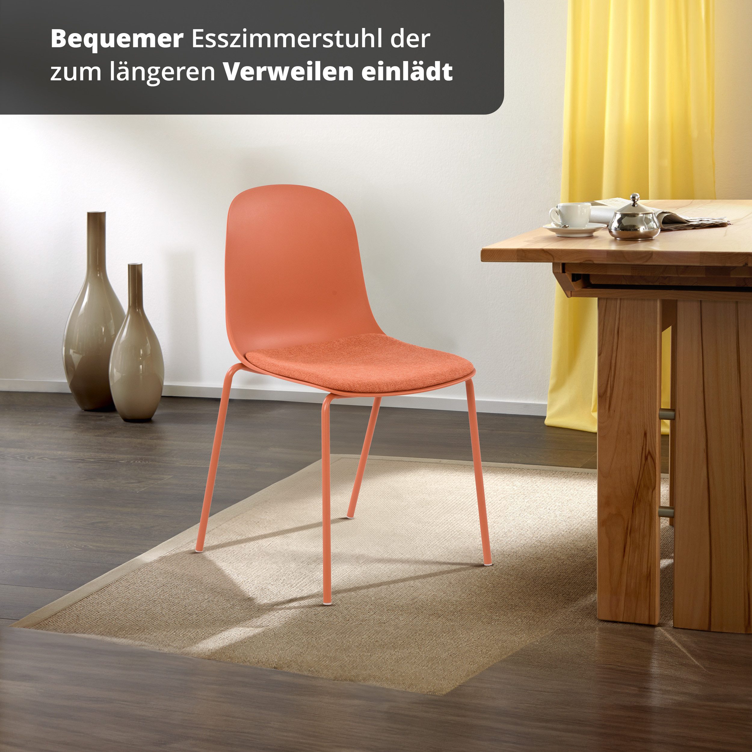 KHG Stapelstuhl Küchenstuhl Orange, bis 120 kg belastbar, Minimalistischer Stil, Stapelbar, 4-Fußgestell, Ton-in-Ton Kunststoffsitzschale gepolstert