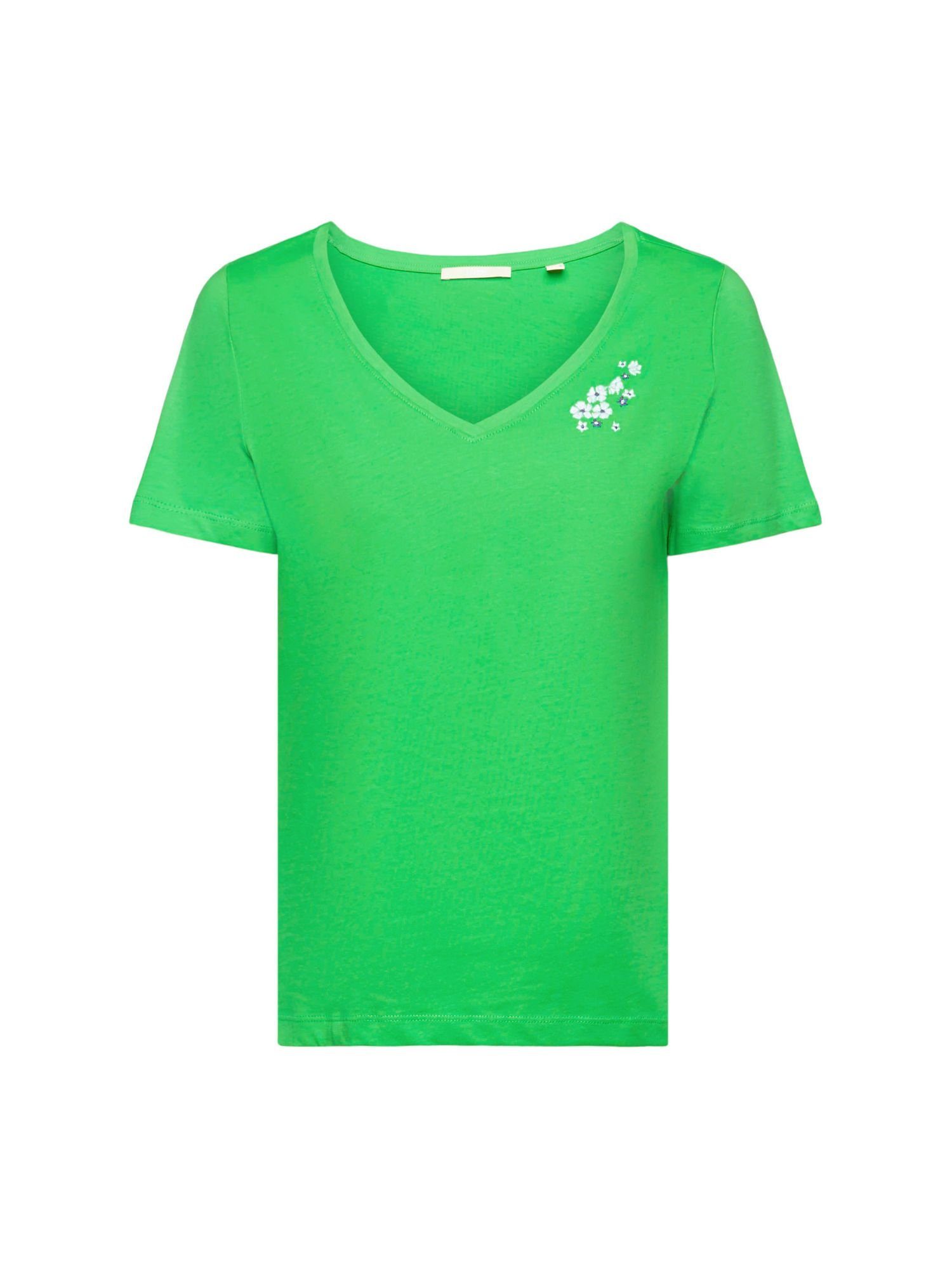 edc by Esprit T-Shirt T-Shirt mit V-Ausschnitt und floraler Stickerei (1-tlg) GREEN