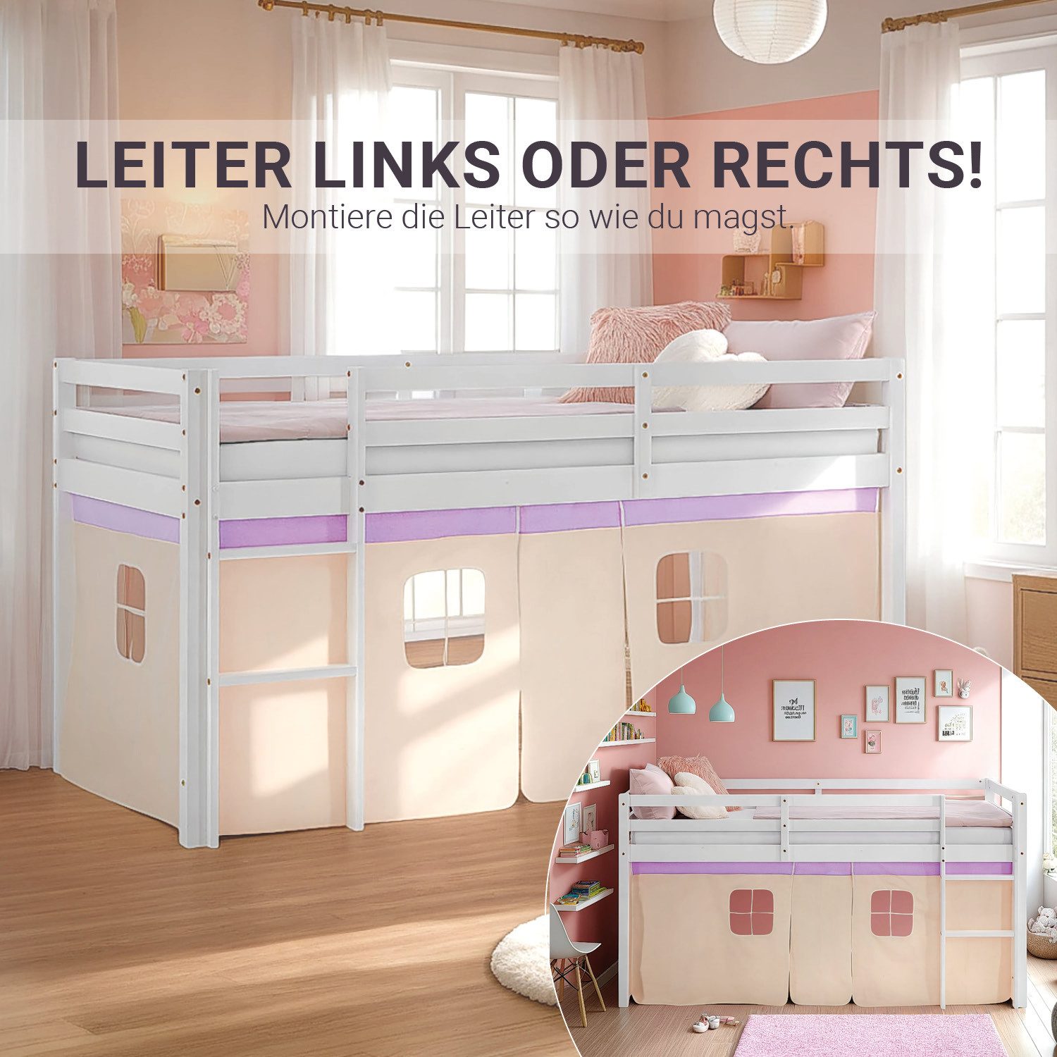 Homestyle4u Hochbett 90x200 Stockbett Kinderbett Holz Kiefer Weiß Lila Beig günstig online kaufen