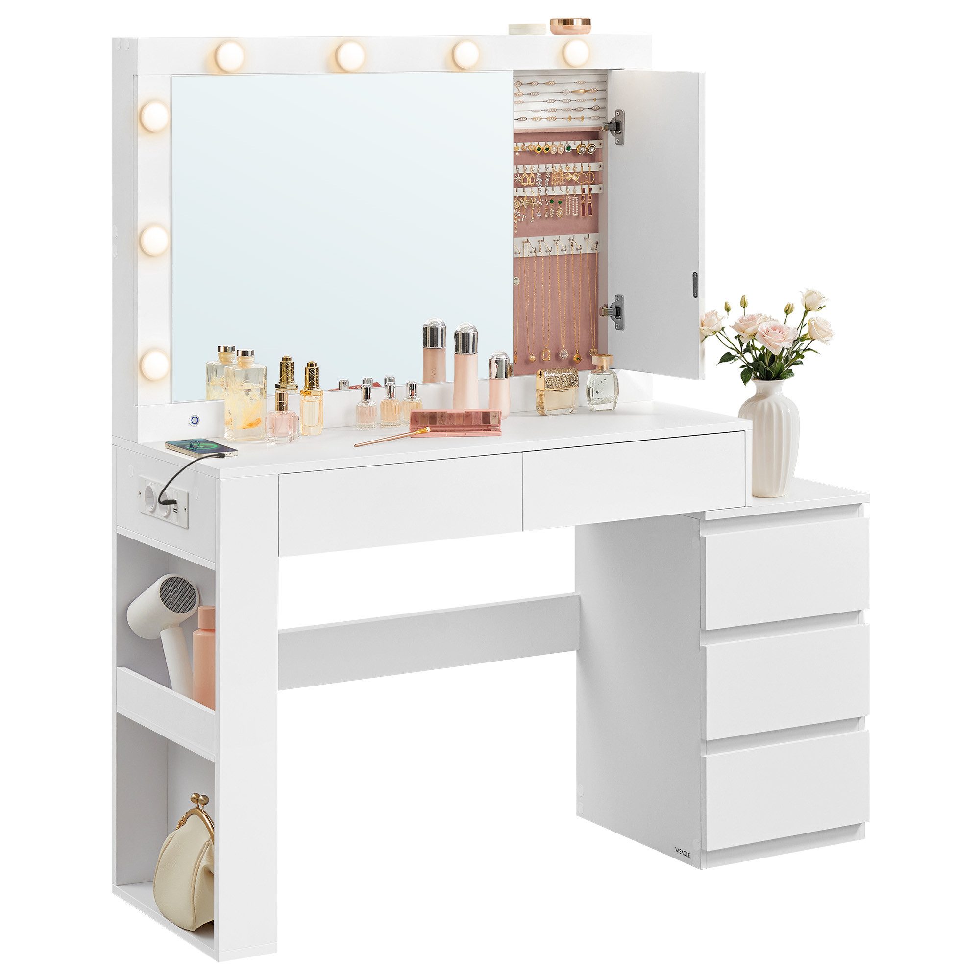 VASAGLE Schminktisch Frisiertisch mit Spiegel, Schmuckschrank, Steckdosenleiste (1 Tisch), 40 x 125 x 140 cm, Kosmetiktisch mit Schubladen