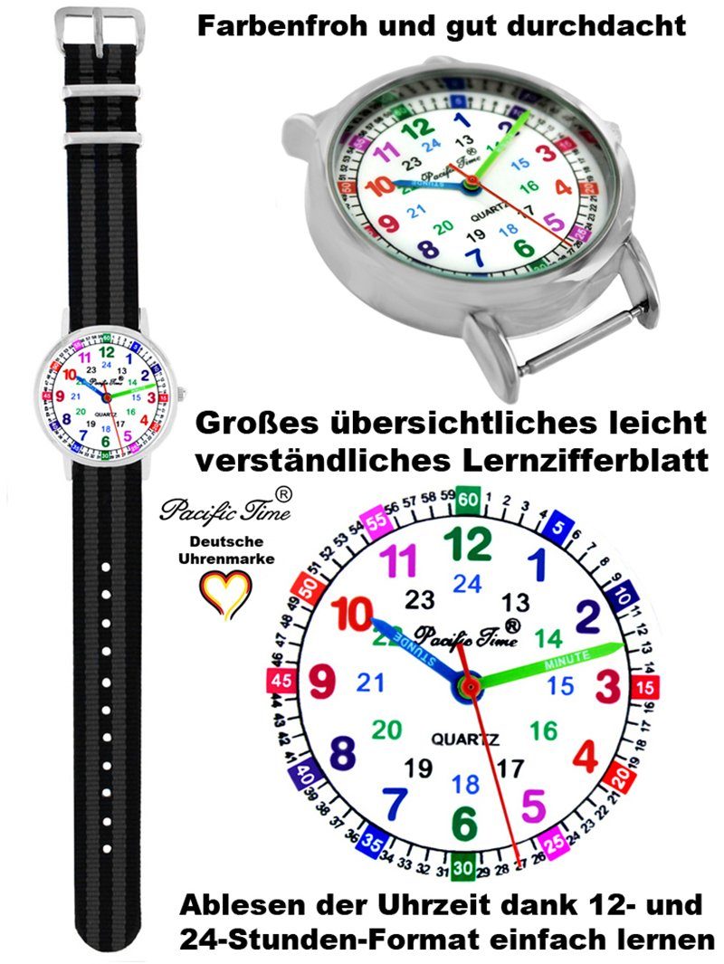 Pacific Time Quarzuhr Set Lernuhr grau Reflektor schwarz Kinder Mix - Gratis gelb Versand Design Match und Armbanduhr gestreift Wechselarmband