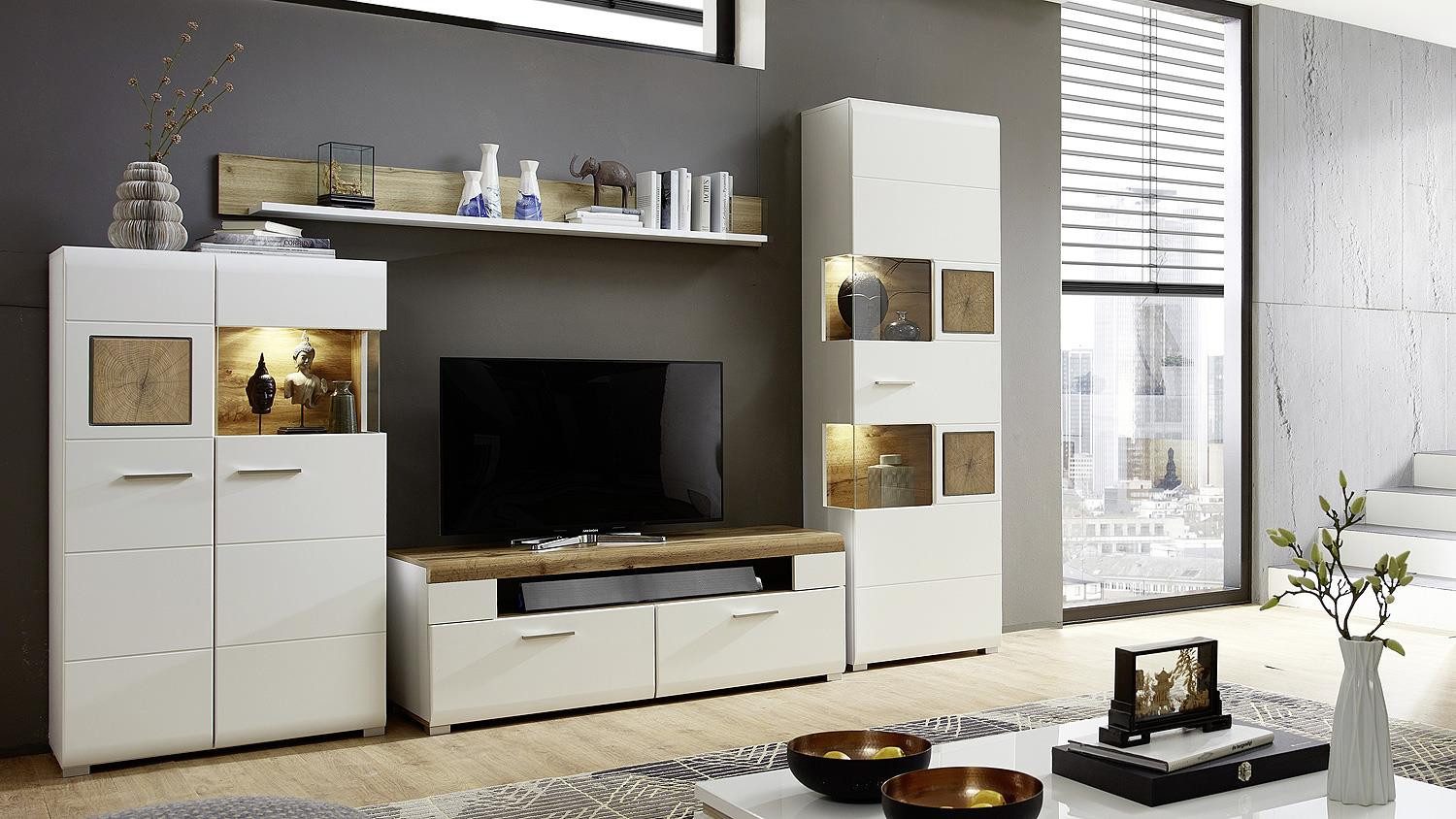 Innostyle Wohnwand Wohnwand 2 Fun Plus Anbauwand weiß matt Eiche Altholz Hirnholz 325 cm, (4-St)