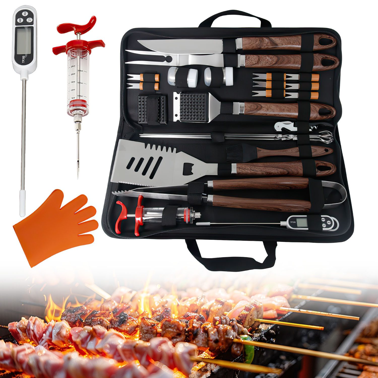 Refined Living Grillbesteck-Set 26tlg Grillbesteck Set Edelstahl mit Tragetasche BBQ Zubehör Set, (Hochwertiges Grillset für Männer Frauen Geschenk Personalisiert, 26 tlg., Vatertagsgeschenk, Valentinstagsgeschenk, Geschenke für BBQ Enthusias), Freund und