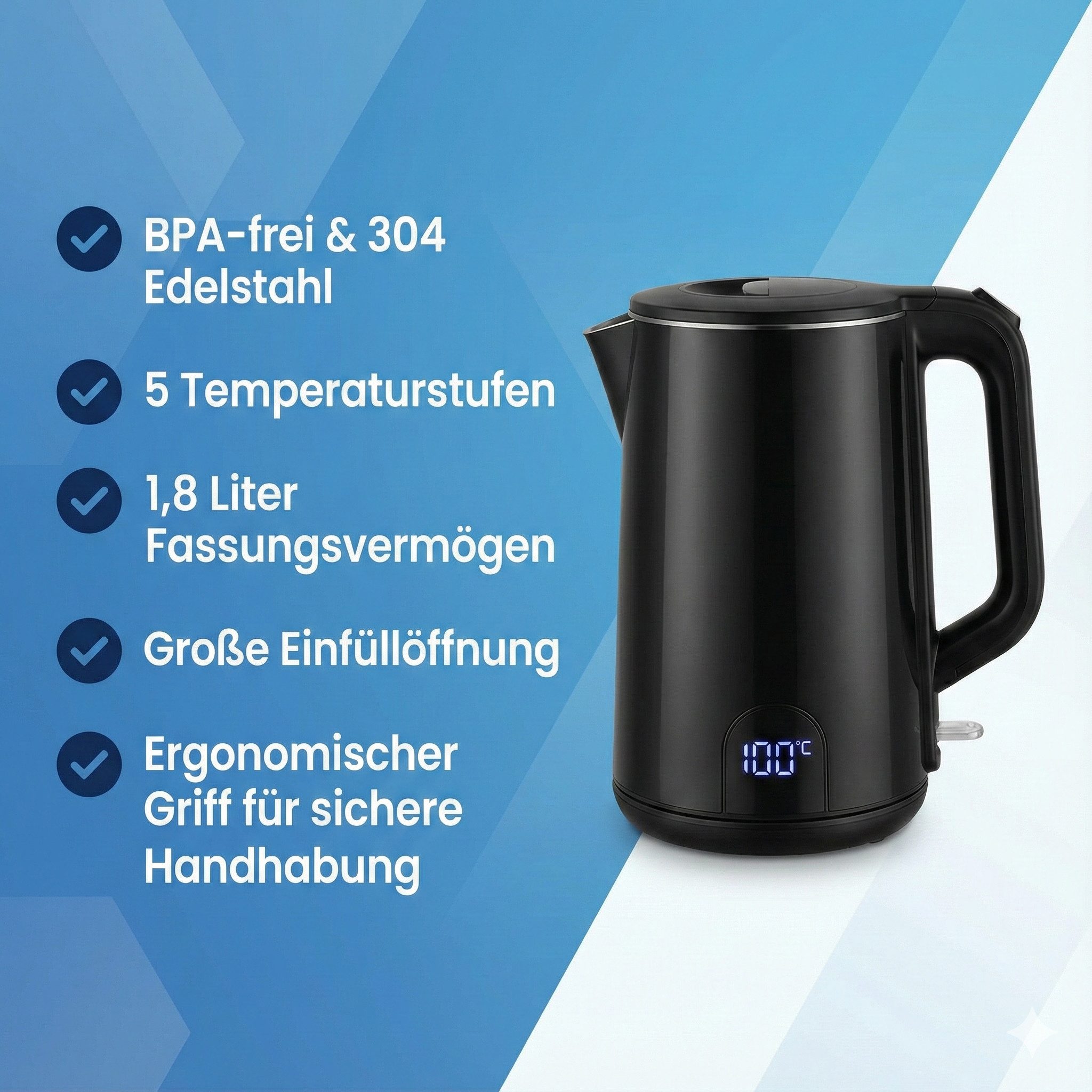CkeyiN Pro Wasserkocher 304 Edelstahl,1.8L,mit 5 Temperaturregler,Wasserkocher Doppelwandig, 2200 W, 2200W, LCD Digitale(45-100°C)