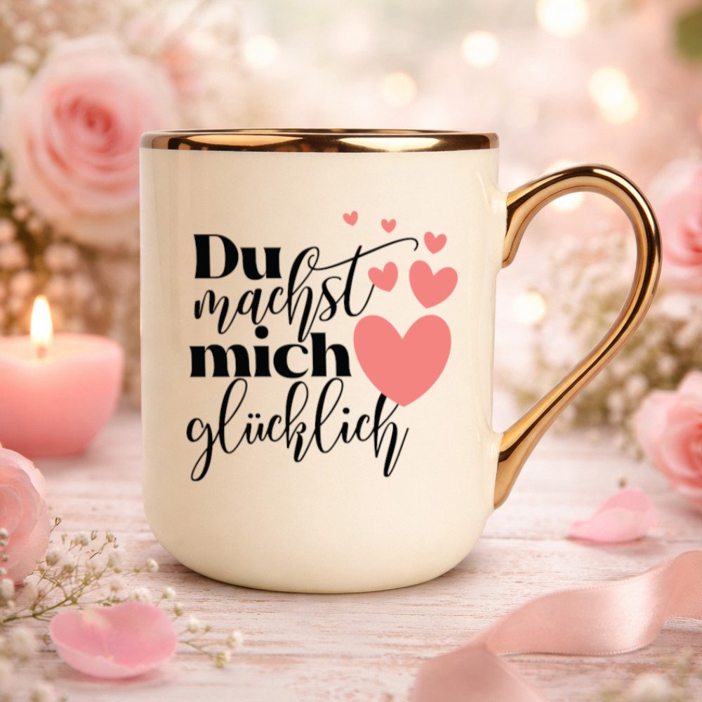 Primawela Tasse Tasse - Du machst mich glücklich- Kaffeetasse Goldrand