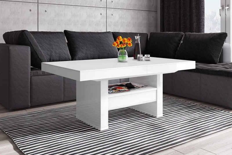 designimpex Couchtisch HLU-111 Weiß MATT / HOCHGLANZ Schublade höhenverstellbar ausziehbar