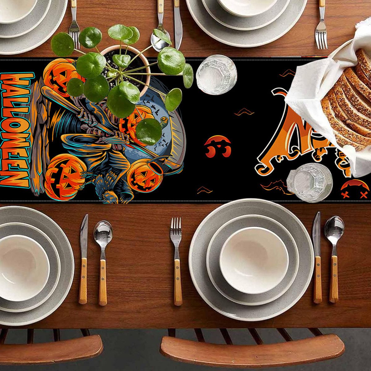 LAPAPRO Tischläufer Halloween Tischläufer Leinen mit Totenkopf Kürbis-Aufdruck, 1 Stück, 33x183cm