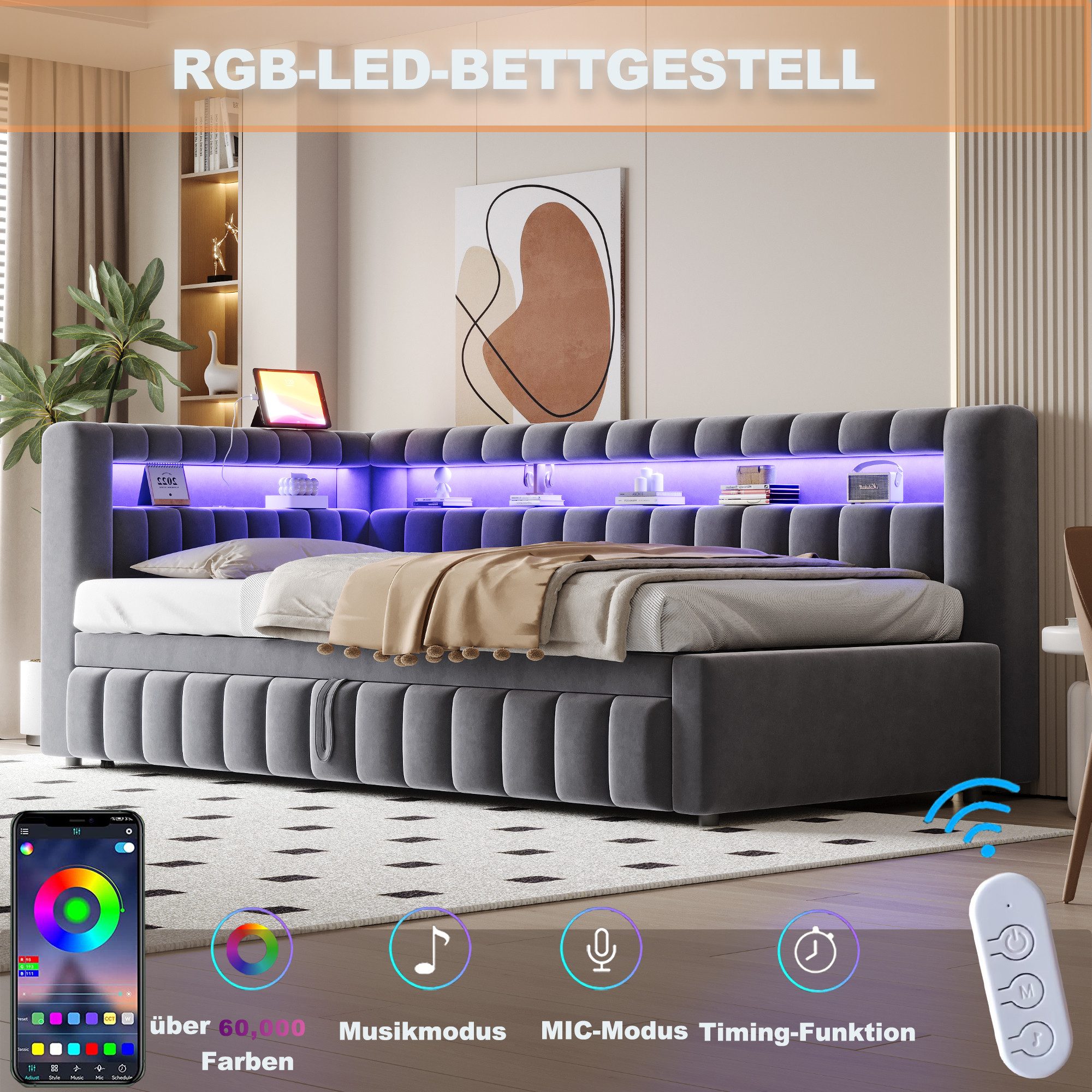 Flieks Daybett, Polsterbett Schlafsofa 90x200cm mit Ausziehbett 90x190cm, LED&Aufladen