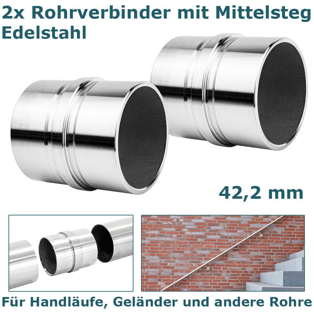 Edelstahl Mittelsteg 42,2 V2Aox Verbinder 2x Rohrverbinder Rohr für Rohrverbinder mm Rohre