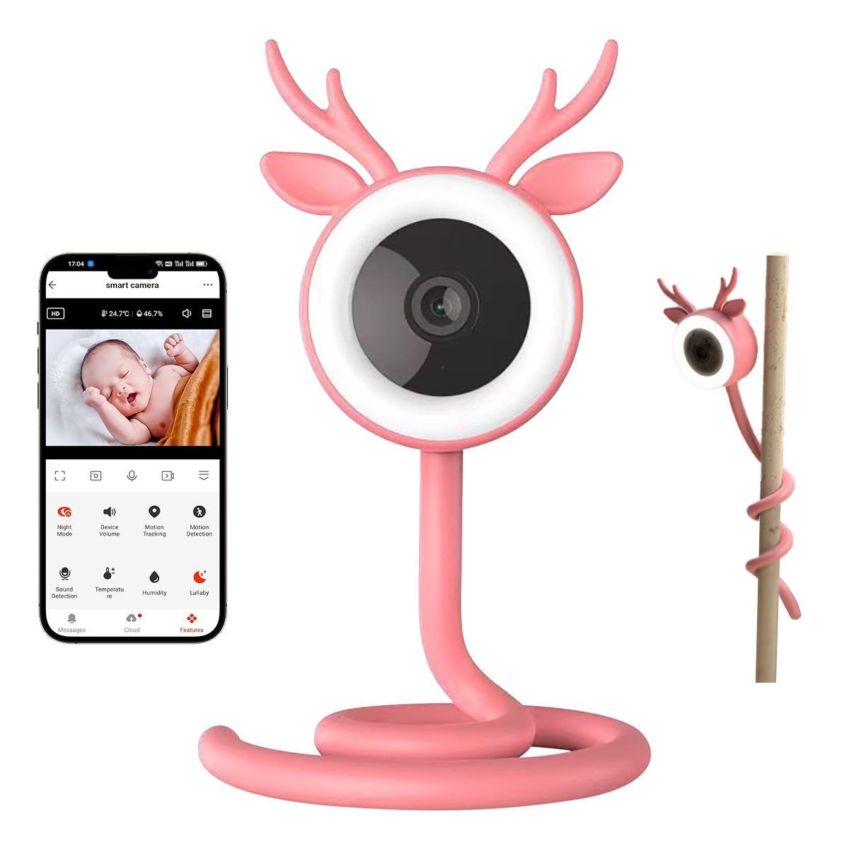 AURIVION Video-Babyphone HD WLAN Babyphone 4MP Kamera mit Standfuß & Nachtsicht, Set, 1-tlg., Video Babyphone mit Schlaflied und Schreierkennung, Babymonitor mit Temperatur, Luftfeuchtigkeit & Gegensprechen