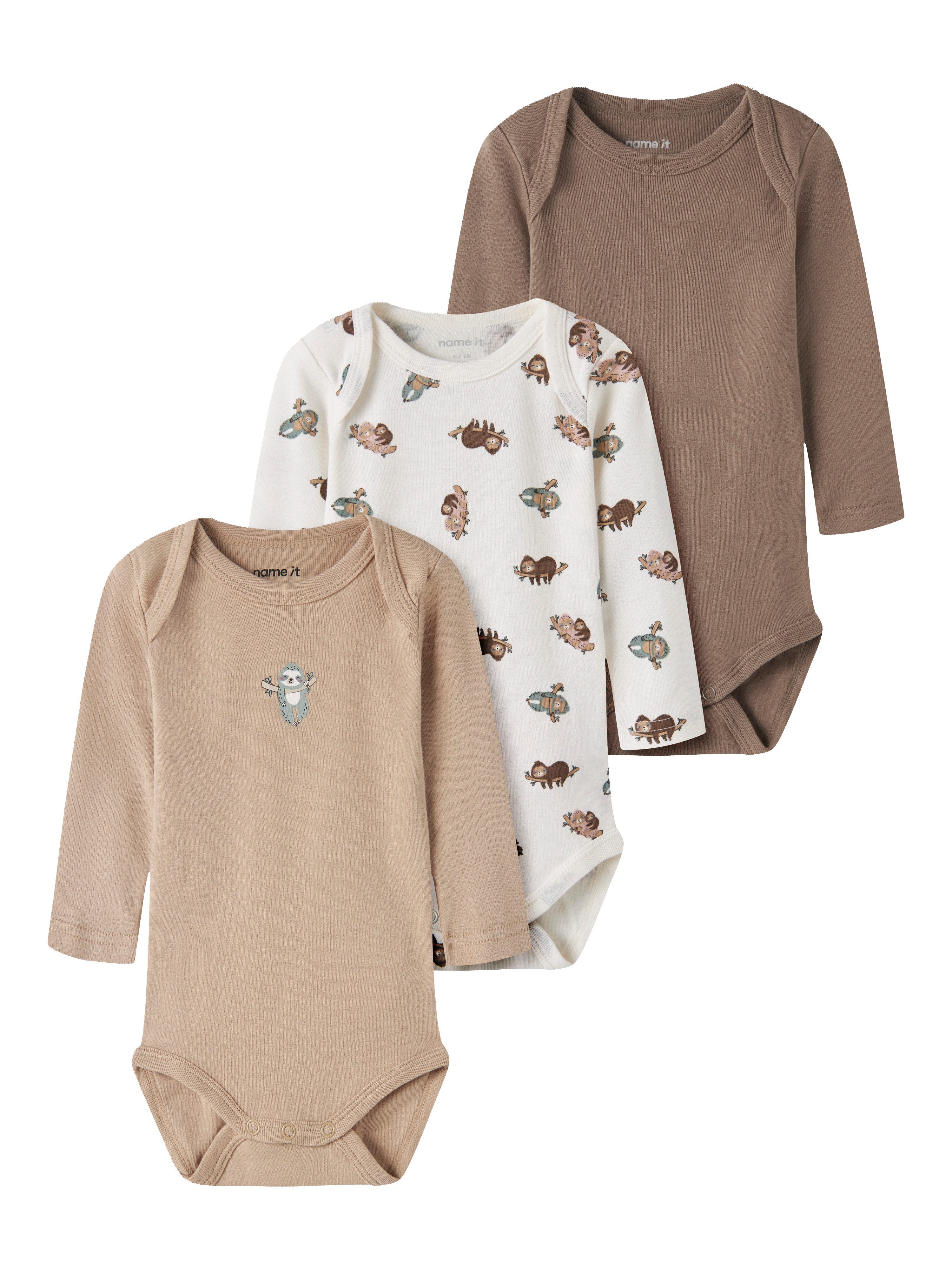 Name It Langarmbody NBNBODY 3P LS SLOTH NOOS (Packung, 3-tlg) Baumwolle
