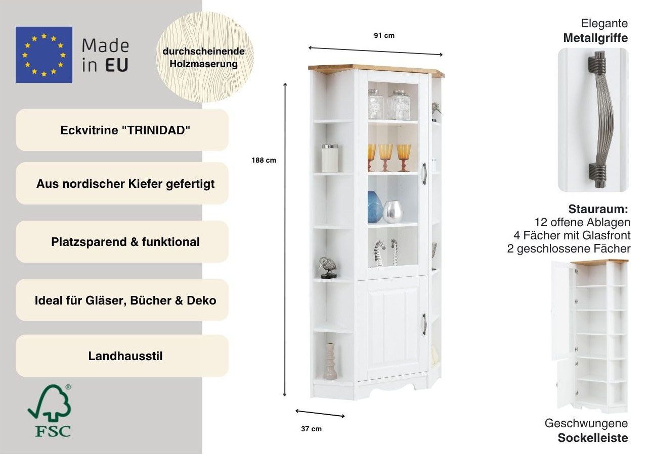 OTTO home Eckvitrine Trinidad Höhe 188 cm, FSC® zertifiziertes Massivholz