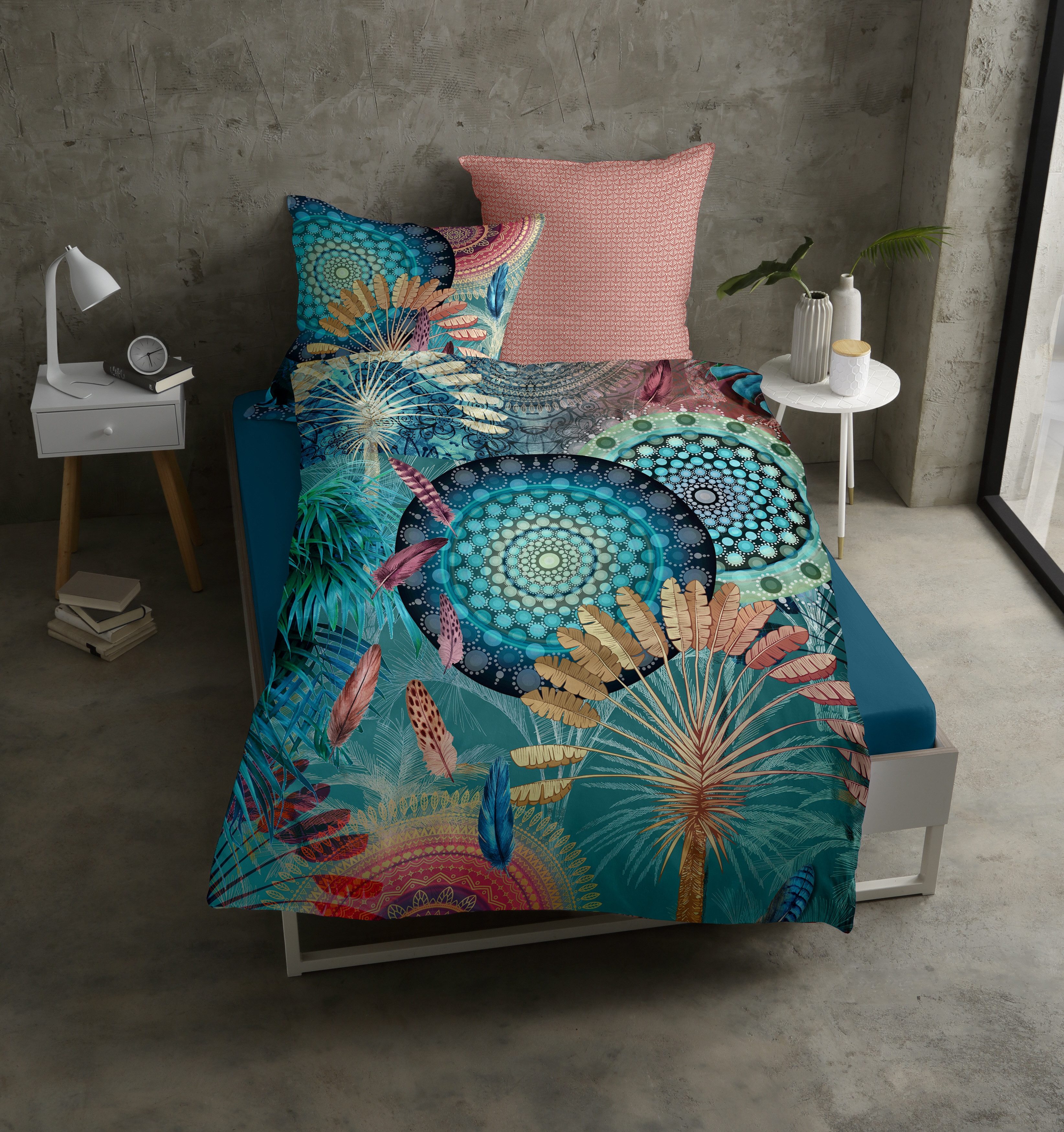 hip Bettwäsche wohnTRAUM24 by HIP Bettwäsche KANYA natürlich 100% Baumwolle, Renforce, 2 teilig, Traumfänger Mandalas Federn Ornamente Bettwäsche Set petrol