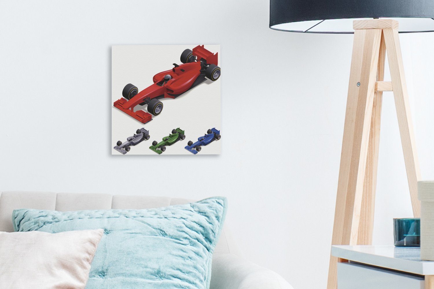 Rennwagen Verschiedenfarbige OneMillionCanvasses® Leinwandbild Leinwand der Illustration, Wohnzimmer einer aus (1 Schlafzimmer für St), Formel Bilder 1 in