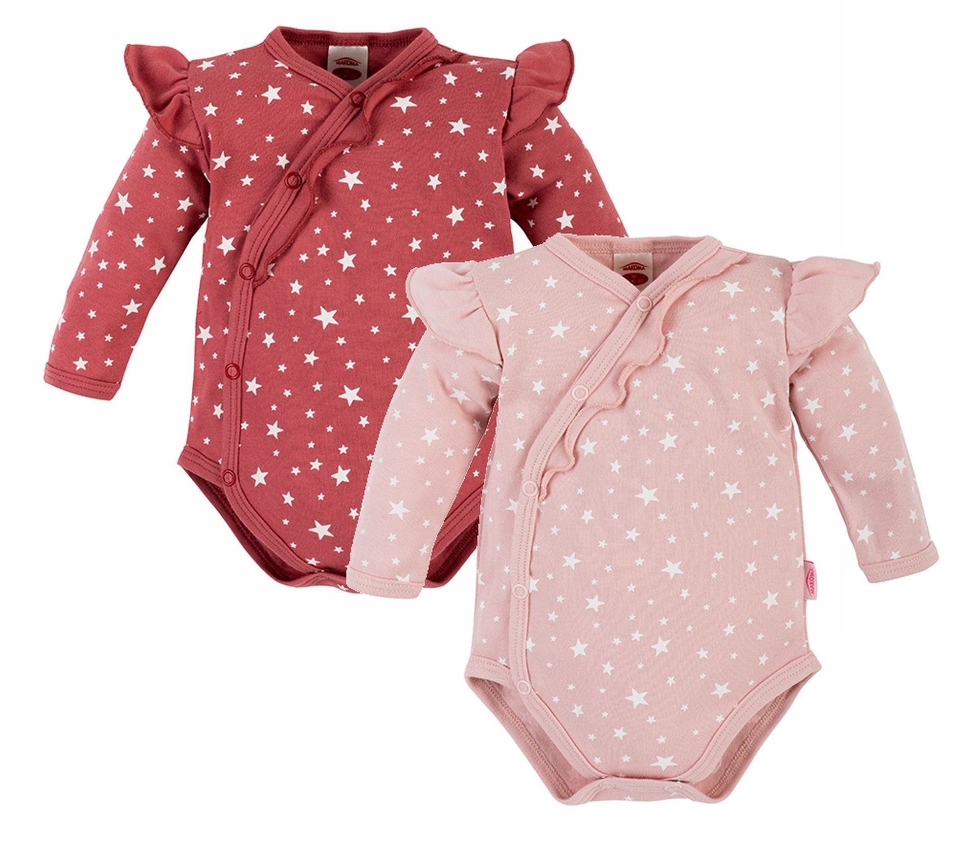 Makoma Wickelbody Baby Langarm Body Wickelbody für Mädchen Sterne Rosa / Rot (Spar-Set, 2-tlg., 2er-Set) 100% Baumwolle