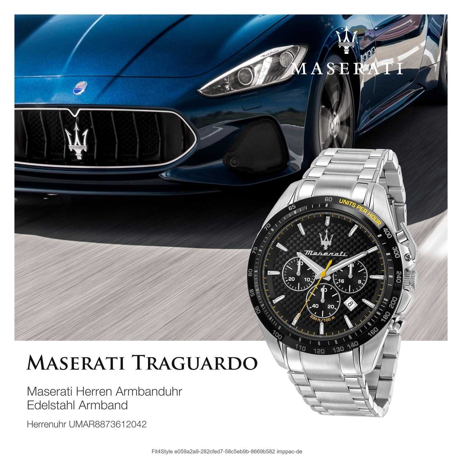 MASERATI Chronograph Maserati Herrenuhr Chronograph, Edelstahlarmband, (ca. silber groß schwarz, Herrenuhr Made-In rund, Italy 45mm)