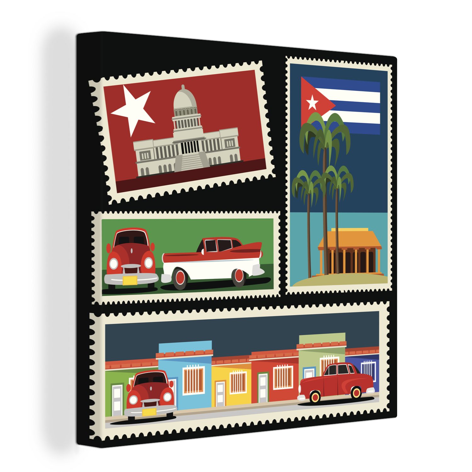 OneMillionCanvasses® Leinwandbild Fünf kubanische Briefmarken in einer Illustration, (1 St), Leinwand Bilder für Wohnzimmer Schlafzimmer