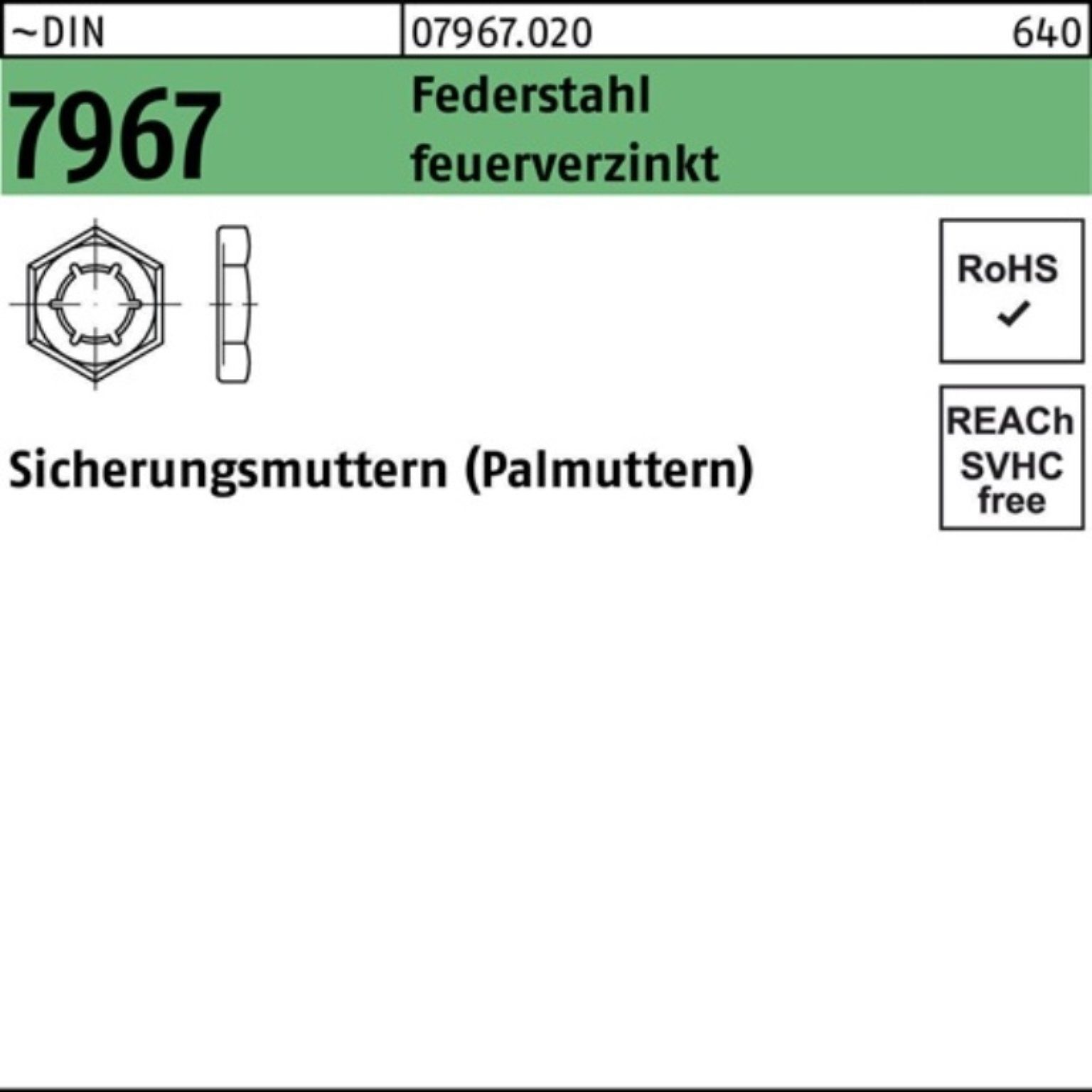 Reyher Sicherungsmutter 100er Pack Sicherungsmutter DIN 7967 M12 Federstahl feuerverz. 100 St