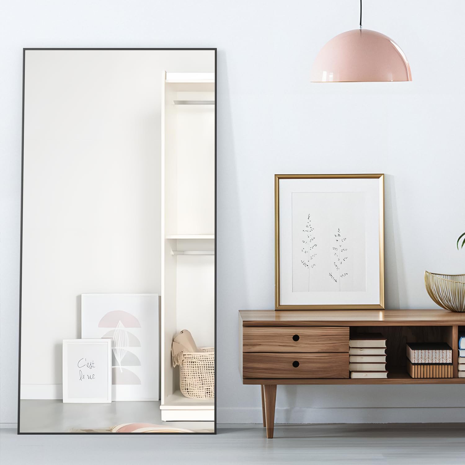 CASSILANDO Ganzkörperspiegel Rechteckspiegel mit Ständer, stehend oder wandmontiert, 165*59cm Aluminiumlegierung dünnen Rahmen, gehärtetes Glas