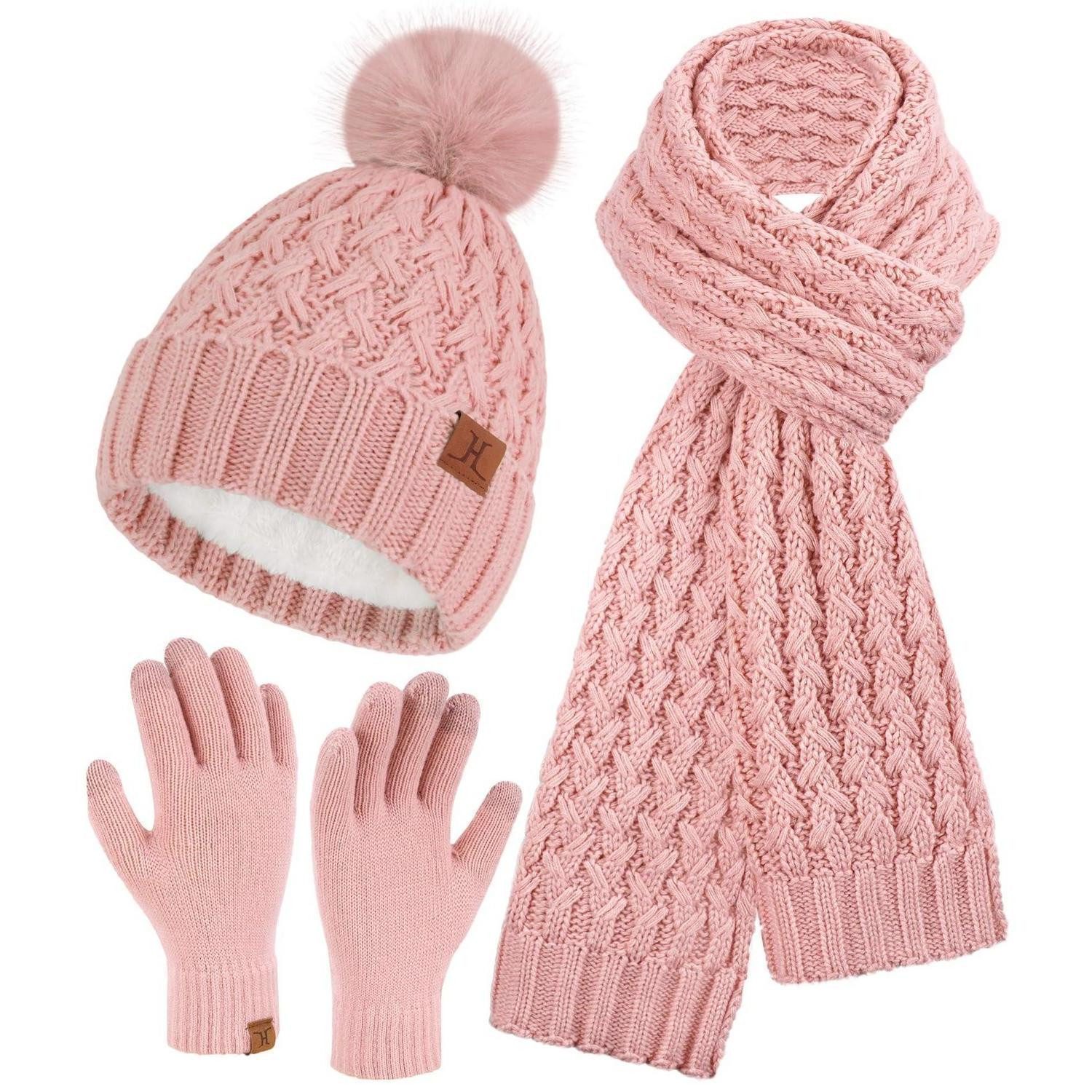 LuxusKollektion Bommelmütze Damen Strickset 3-teilig Winter Rosa Bommel (1-St)