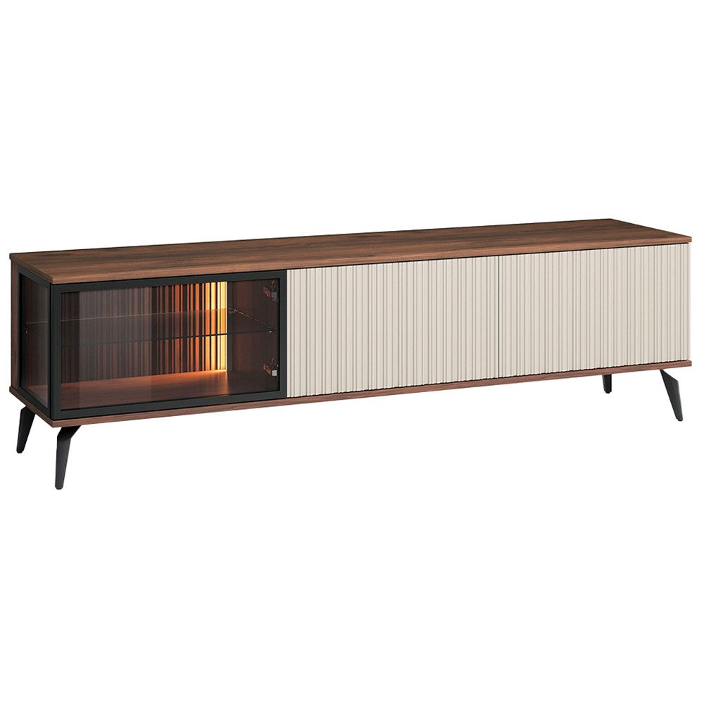 Lomadox Lowboard VIC-160, Eiche Kaschmir Beige Rillen 180 cm Metallfüße Push-to-open grifflos