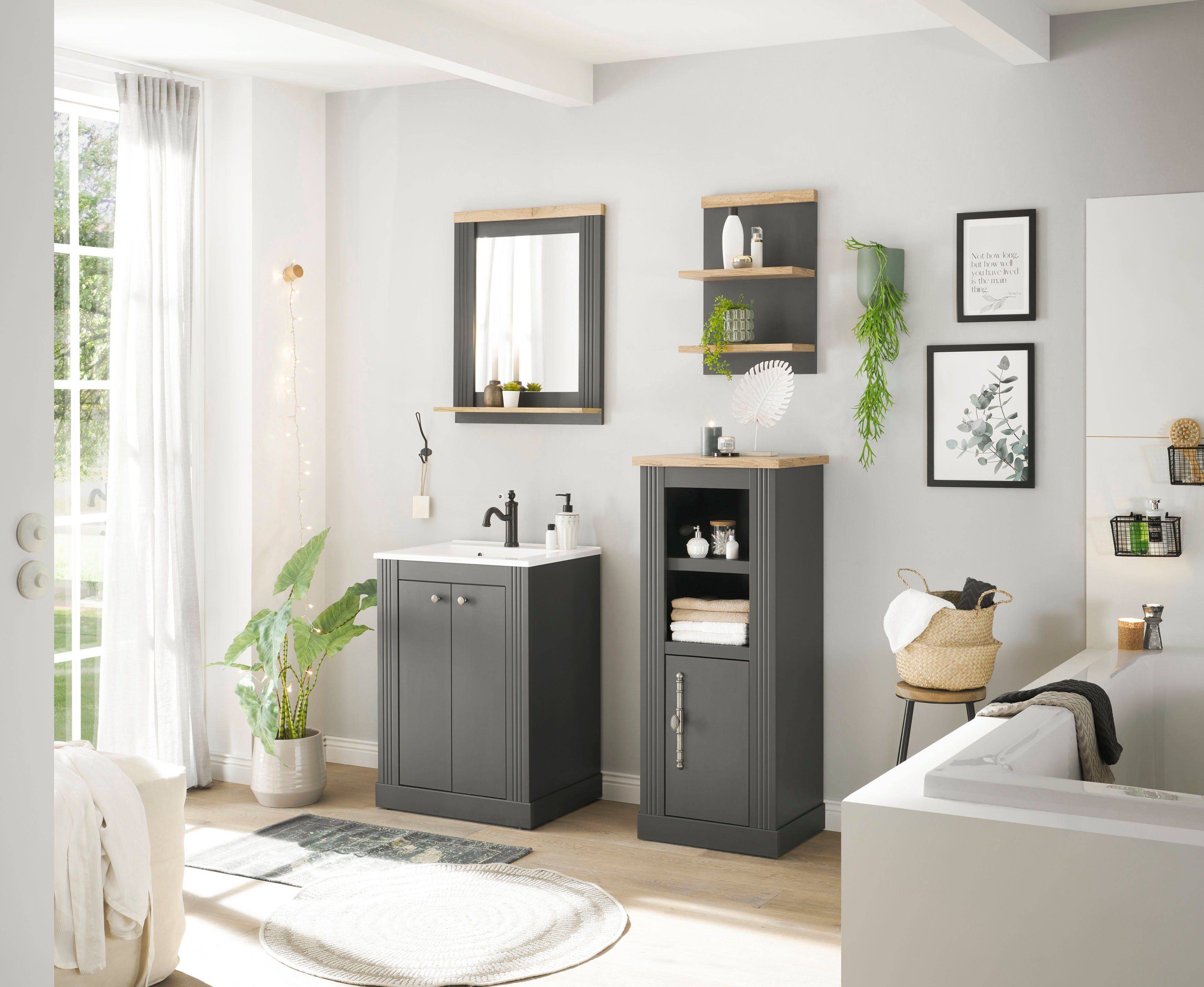 OTTO home Badmöbel-Set WESTMINSTER, Bad im Landhausstil, 4-teiliges Badezimmer, (4-St), Waschtisch, Spiegel, Midischrank, Regal, in 2 Farben, Breite 130 cm