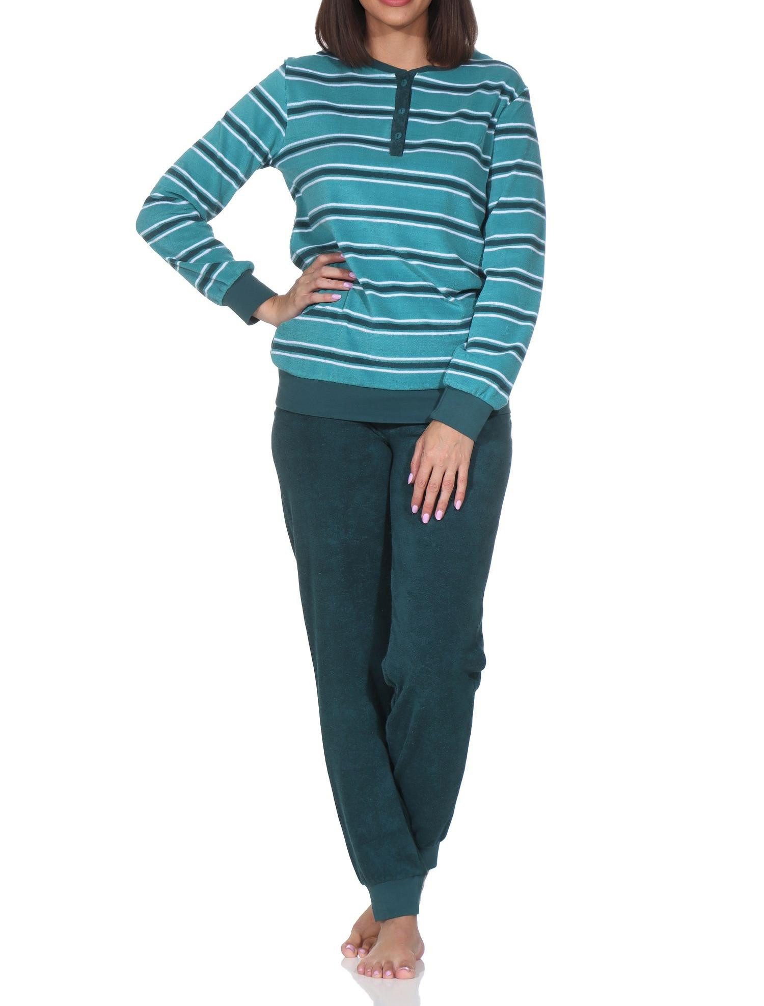 Pyjama Damen Frottee Schlafanzug mit Bündchen in pastelliger Streifen Optik
