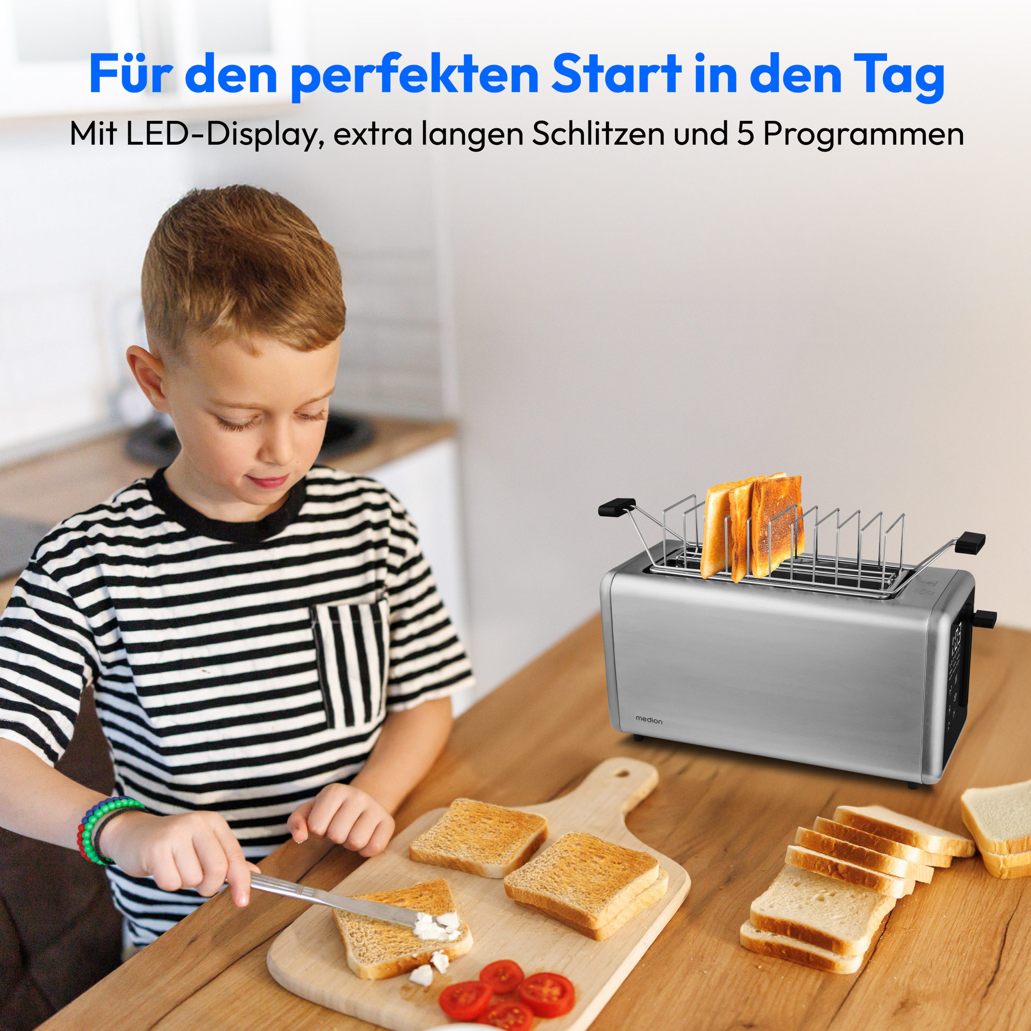 Medion® Toaster Langschlitztoaster, MD12103, LED Sensor-Touch-Display, 2 lange Schlitze, für 4 Scheiben, 1450 W, abnehmbarer Brötchenaufsatz