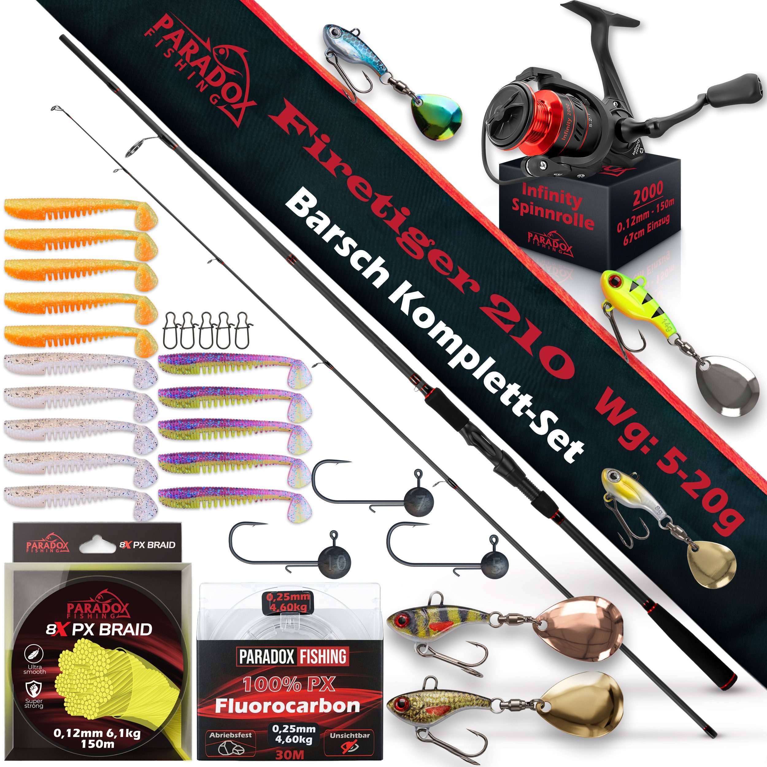Paradox Fishing Spinnrute Barsch Komplett Set Firetiger Spinnrute 5-20g + 2000 Infinity Rolle, (Rute + 2000 Rolle + Köderset), Komplett-Starterset