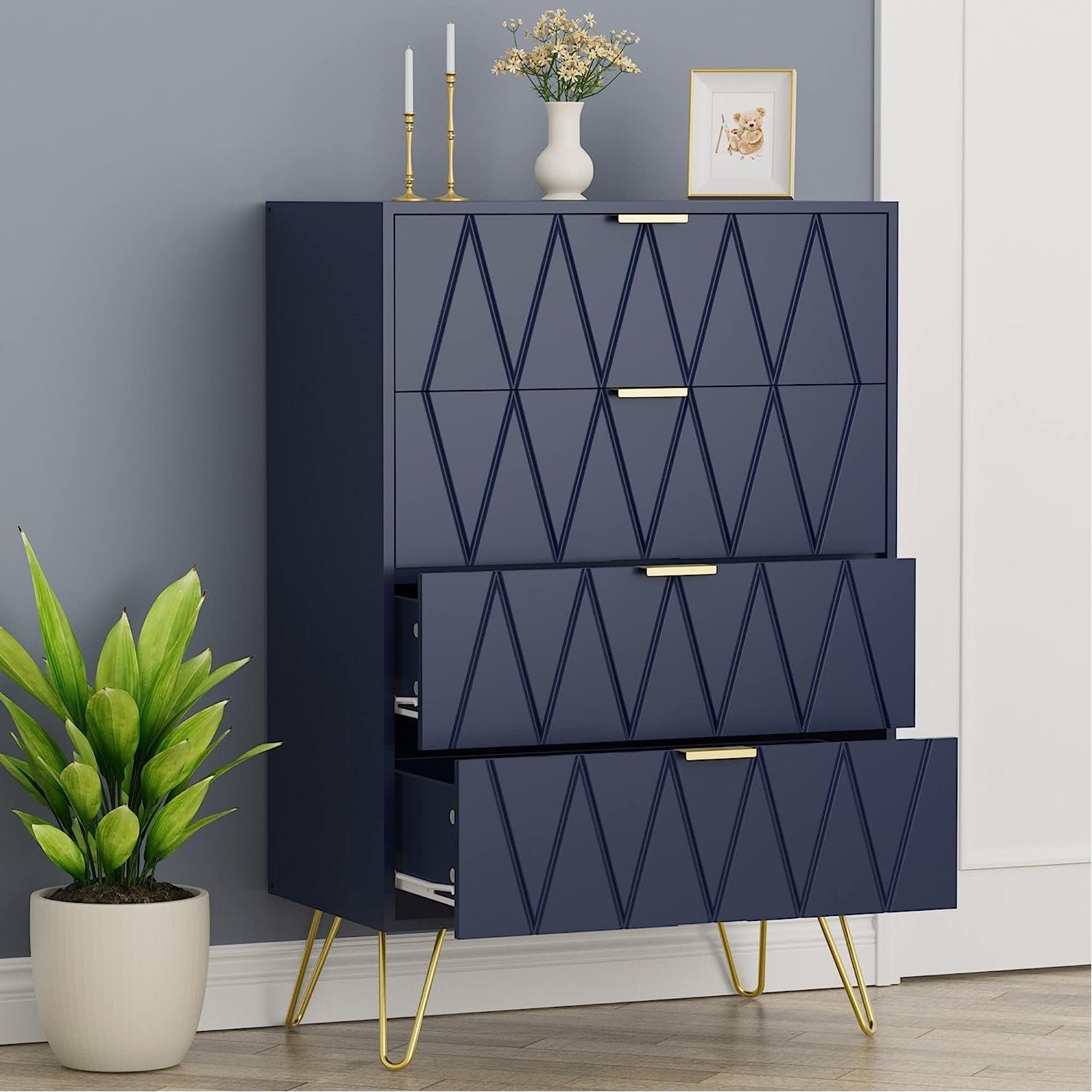 UEV Kommode mit 4 Schubladen, Sideboard für Schlafzimmer,Wohnzimmer (Mehrzweckschrank aus Holz, 60 x 34 x 91 cm), Aufbewahrungskommode, Schrank für Wohnzimmer,Schlafzimmer,Flur
