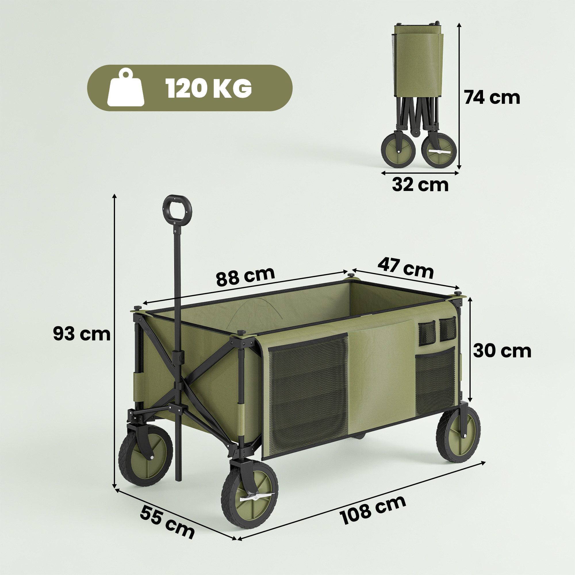 Outsunny Fahrradlastenanhänger Bollerwagen Faltbar, Handwagen mit Räder und Bremsen, Tragetasche, für Garten, Balkon, Grün