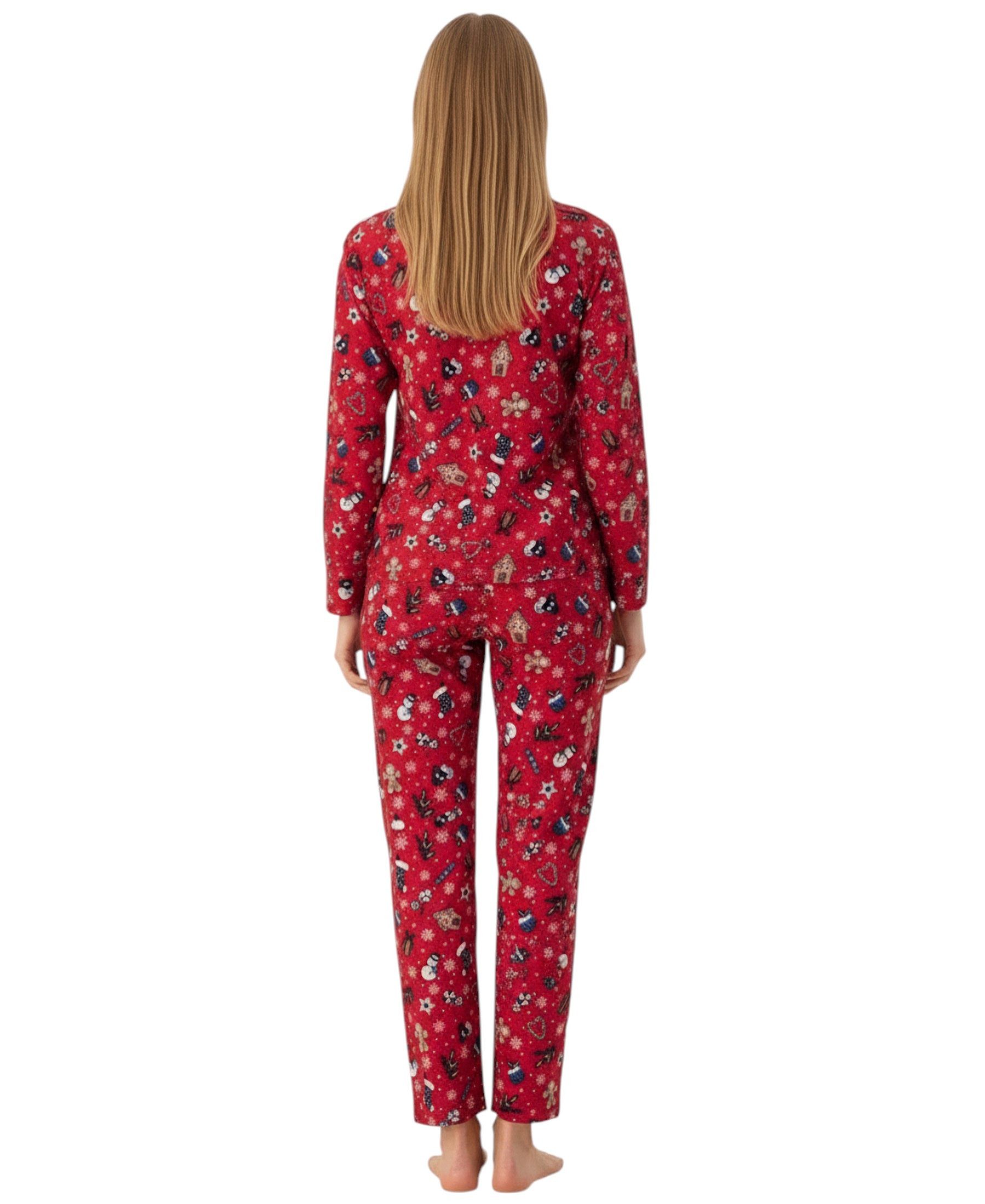 fashionshowcase Pyjama Damen Schlafanzug mit Weihnachtsmotiven Rot & Schwarz (Zweiteilig, Oberteil und Hose) Langlebiger Druck, wärmender Stoff