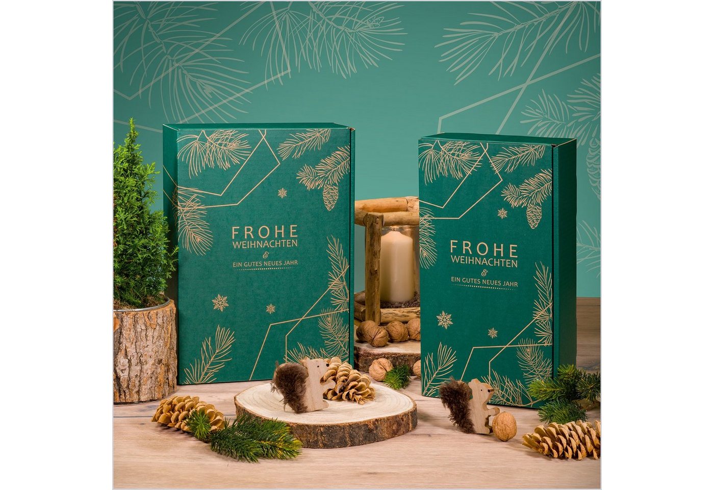 Thumbnail - KK Verpackungen Geschenkbox (1000 St), Präsentkarton für 3 Flaschen 360x250x90mm Kraftpapier Weihnachten Grün