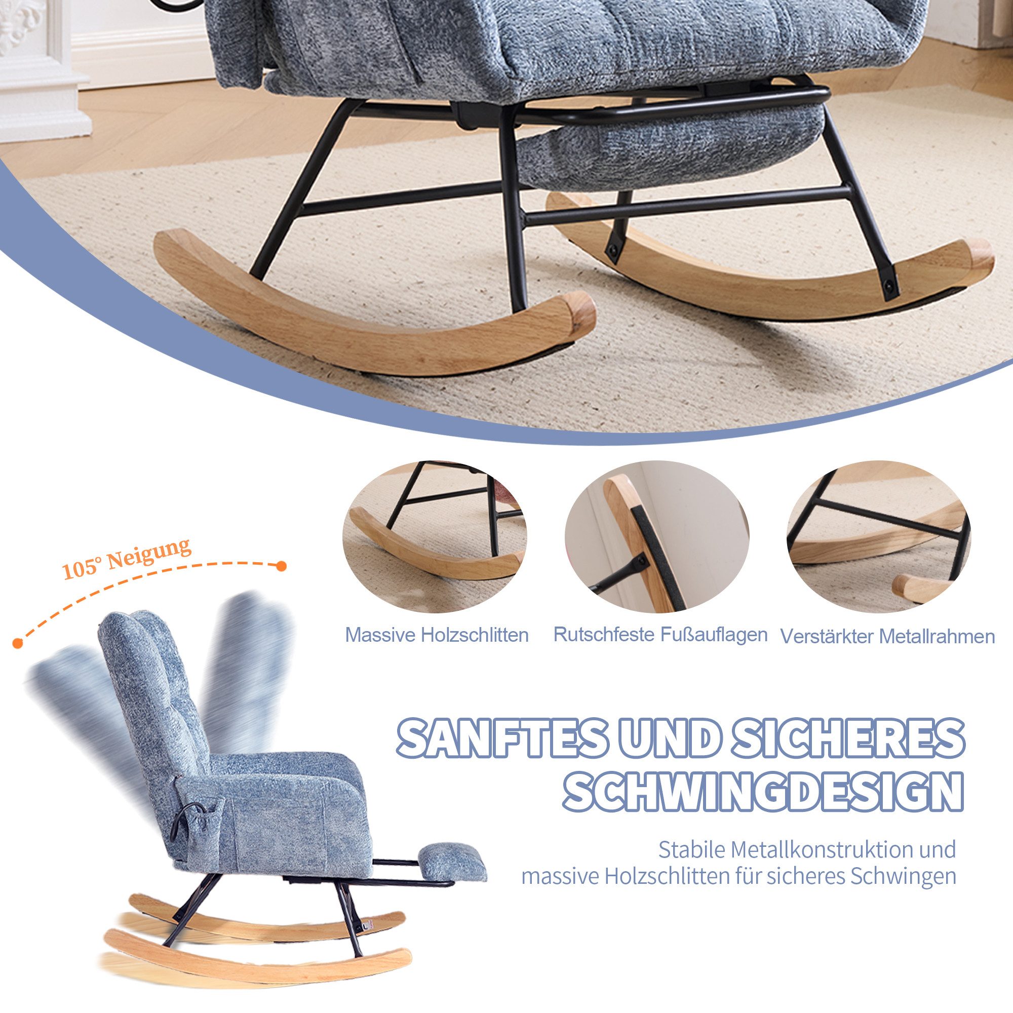 Vankel Schaukelstuhl Schaukelstuhl Wohnzimmer mit Fußstütze & Luftkissen-Rückenlehne, Chenille Relaxsessel mit Stauraum & Komfort Rückenlehne