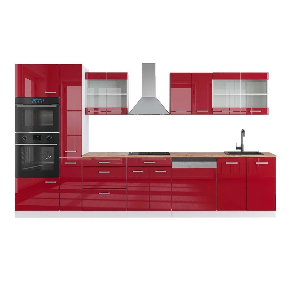 Vicco Küchenzeile R-Line, Rot Hochglanz/Weiß/Weiß, 350 cm mit Hochschrank, AP Eiche