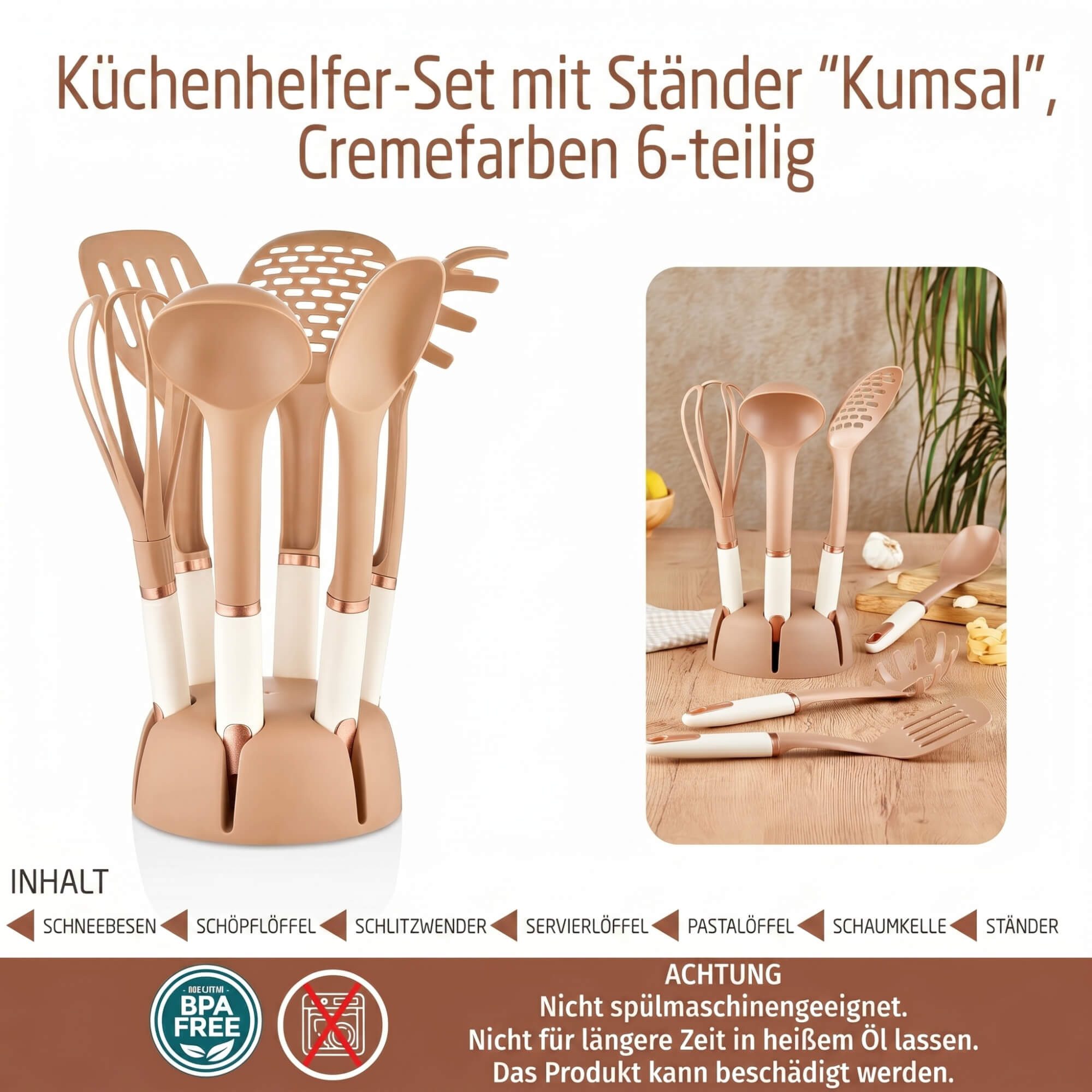 Vip Ahmet Kochbesteck-Set Küchenhelfer Set 6-tlg, Kunststoff Kochbestecki BPA-frei (Ständer, Schaumkelle, Nudelkelle, Besen, Kelle, Löffel, Spatel), 7-teiliges  – Bild 4 von 5