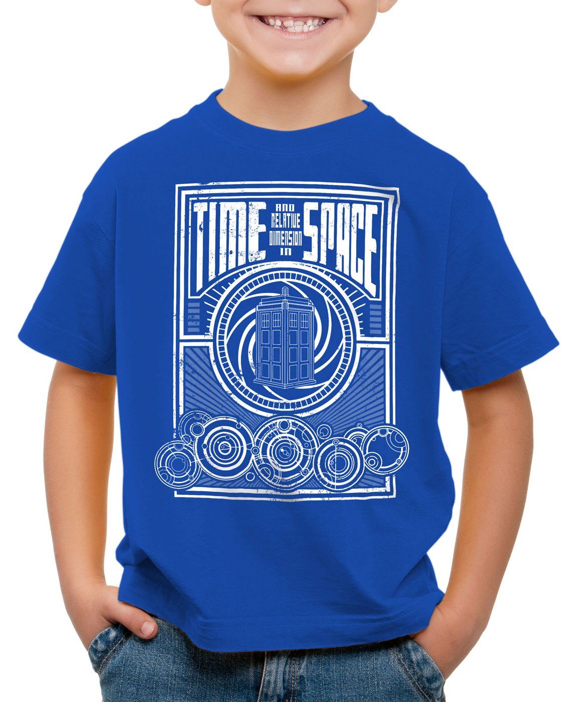 style3 Print-Shirt Kinder T-Shirt Time meets Space zeitreise timelord notrufzelle blau