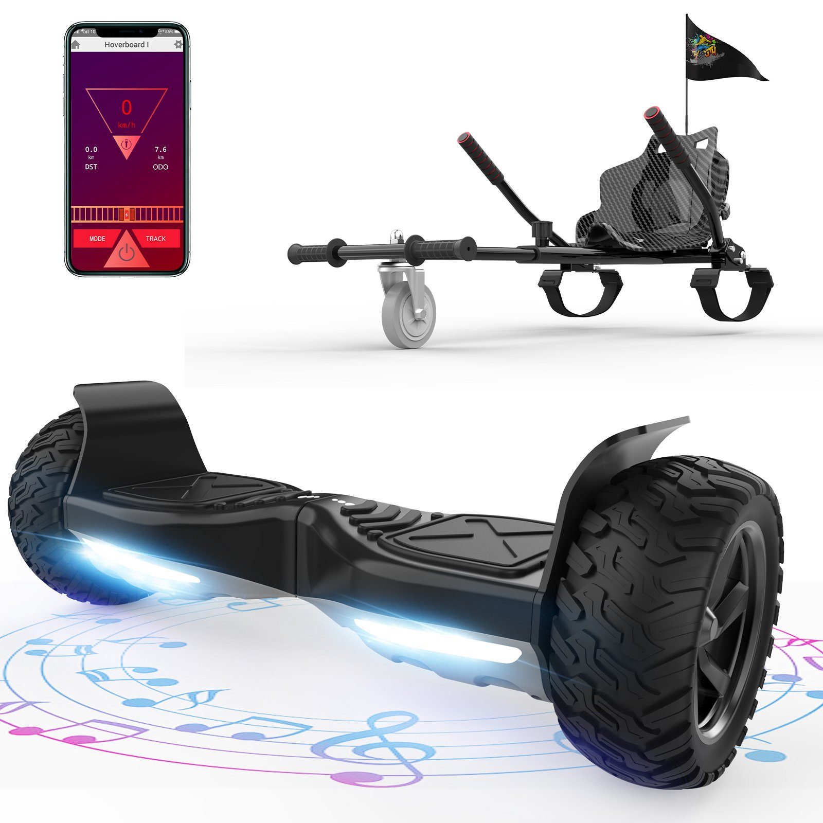 RCB TECH Balance Scooter Kart Set, 8,5'' Off-Road SUV Hoverboard mit Sitz, Go-Kart, APP, Bluetooth