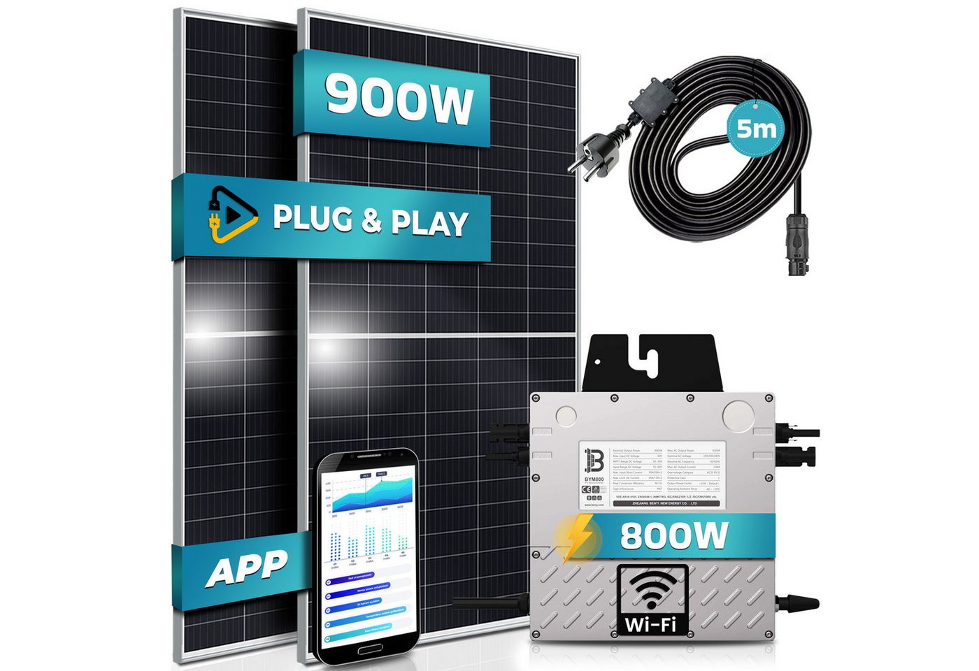 Thumbnail - SUNNIVA Balkonkraftwerk 900W/800W komplett Steckdose, (Beny 800W Wechselrichter - PV Solaranlage Komplettset - 2x 450W (...