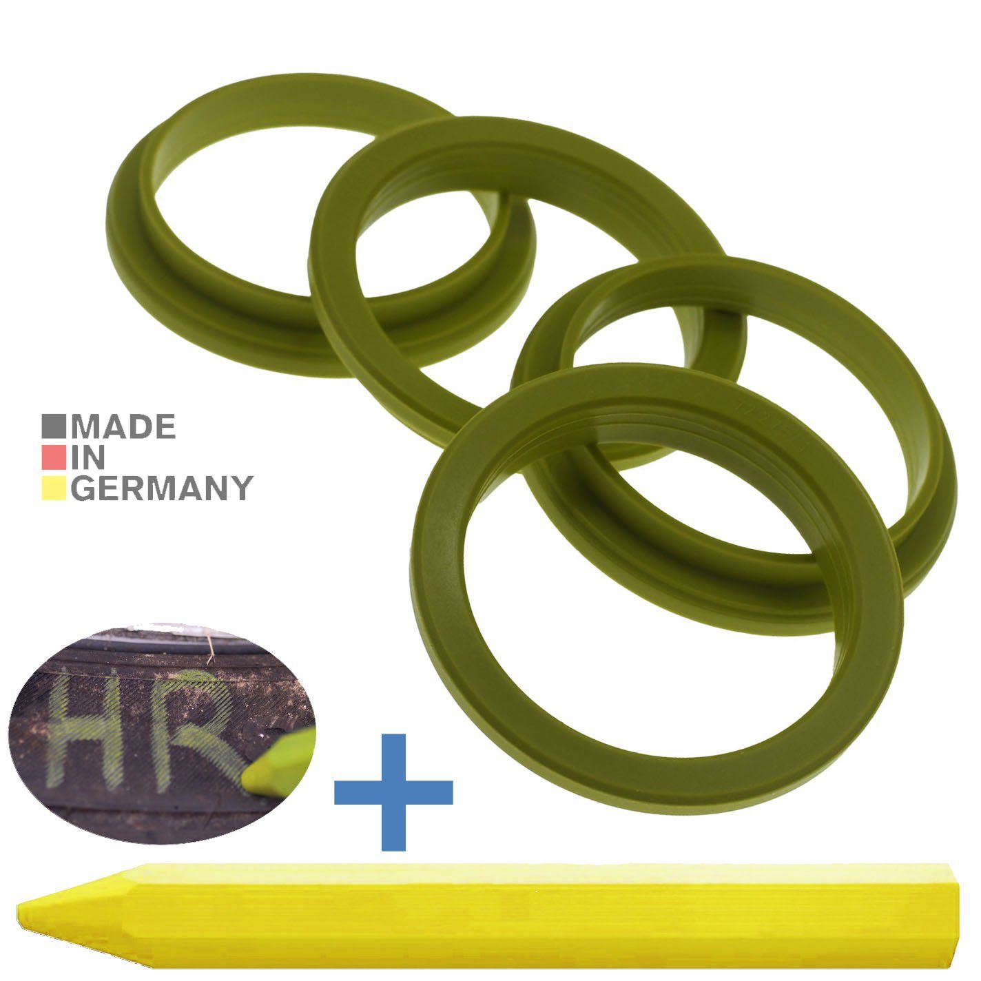 RKC Reifenstift 4X Zentrierringe Olivgrün Felgen Ringe + 1x Reifen Kreide Fett Stift, Maße: 72,2 x 57,1 mm