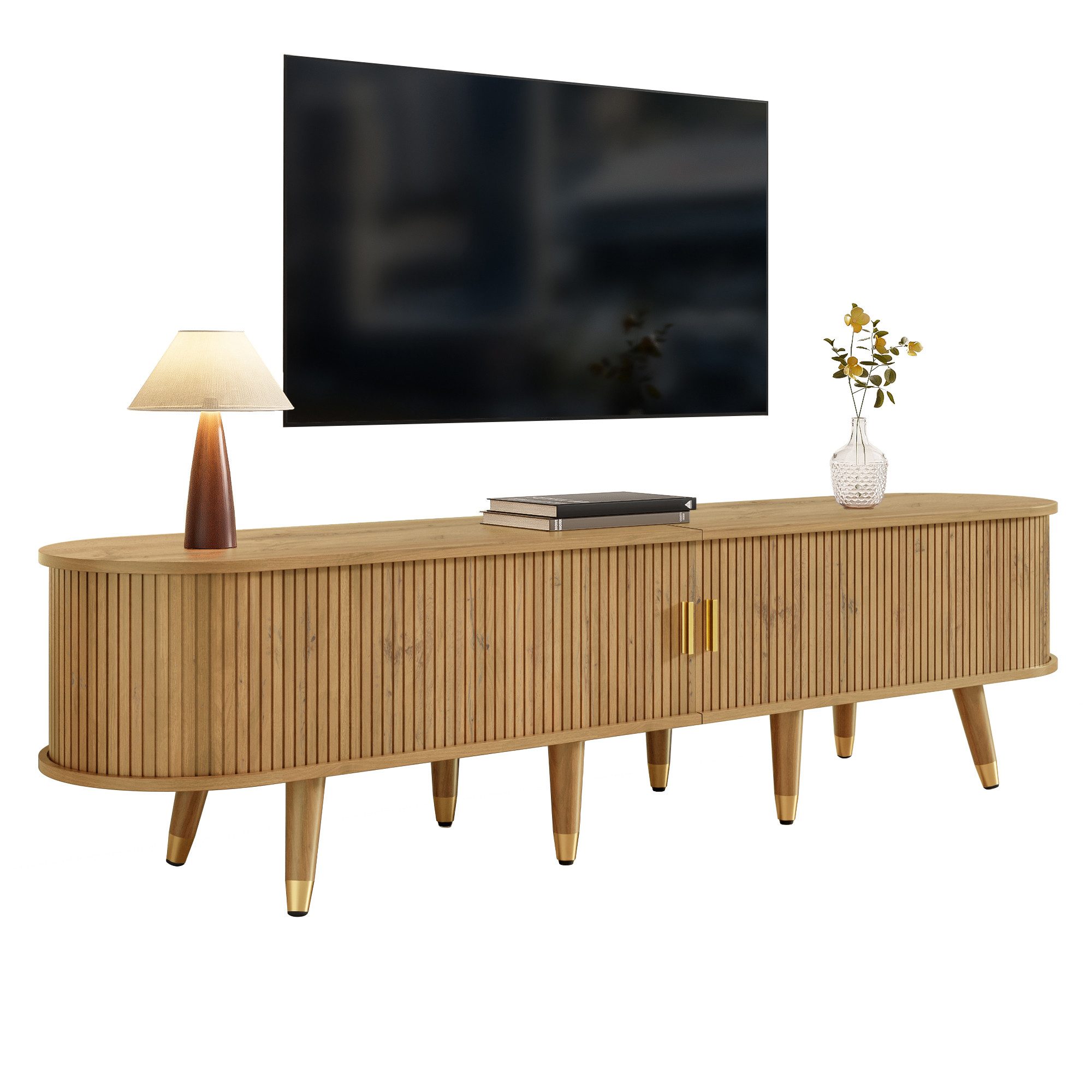Merax Lowboard im Landhausstil mit Rattan-Schiebetür in Walnussoptik (1 St., 175 L x 38 B x 45 H), TV-Schrank mit offenen Fächern, Schubladen & Stauraum, Fernsehtisch