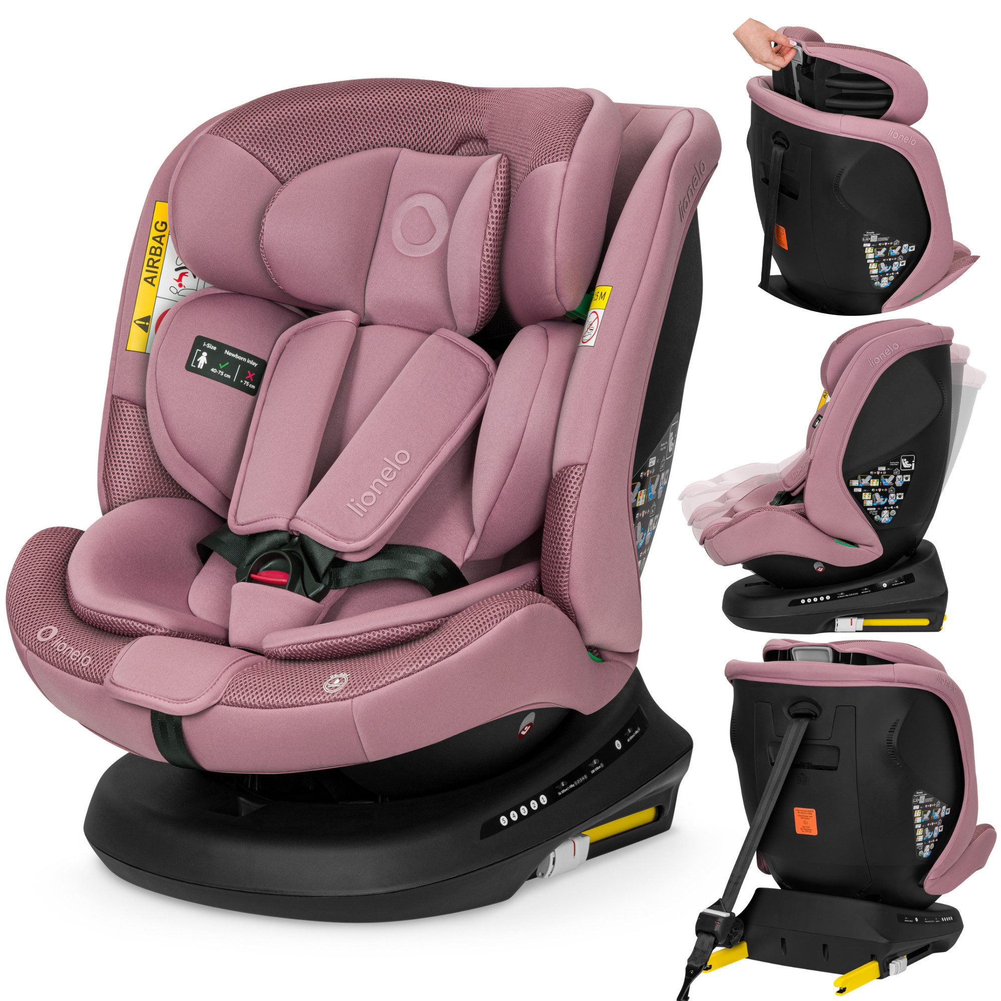 lionelo Autokindersitz BASTIAAN PLUS I-SIZE, ab: ab Geburt, bis: bis ca. 12 Jahre, ab: 40 cm, bis: 150 cm, (Autokindersitz + Verkleinerungseinlage + ISOFIX-Führungshülsen + Knopfzelle), 360°-Drehung/RWF bis 105 cm/Dri-Seat/Top-Tether-Alarm