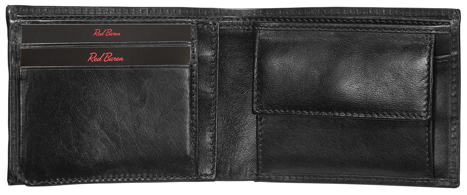Red Baron Geldbörse Geldbeutel Leder Schwarz WT-003-03, Kreditkartenfächer, Münzfach mit Druckknopf, Sichtfächer