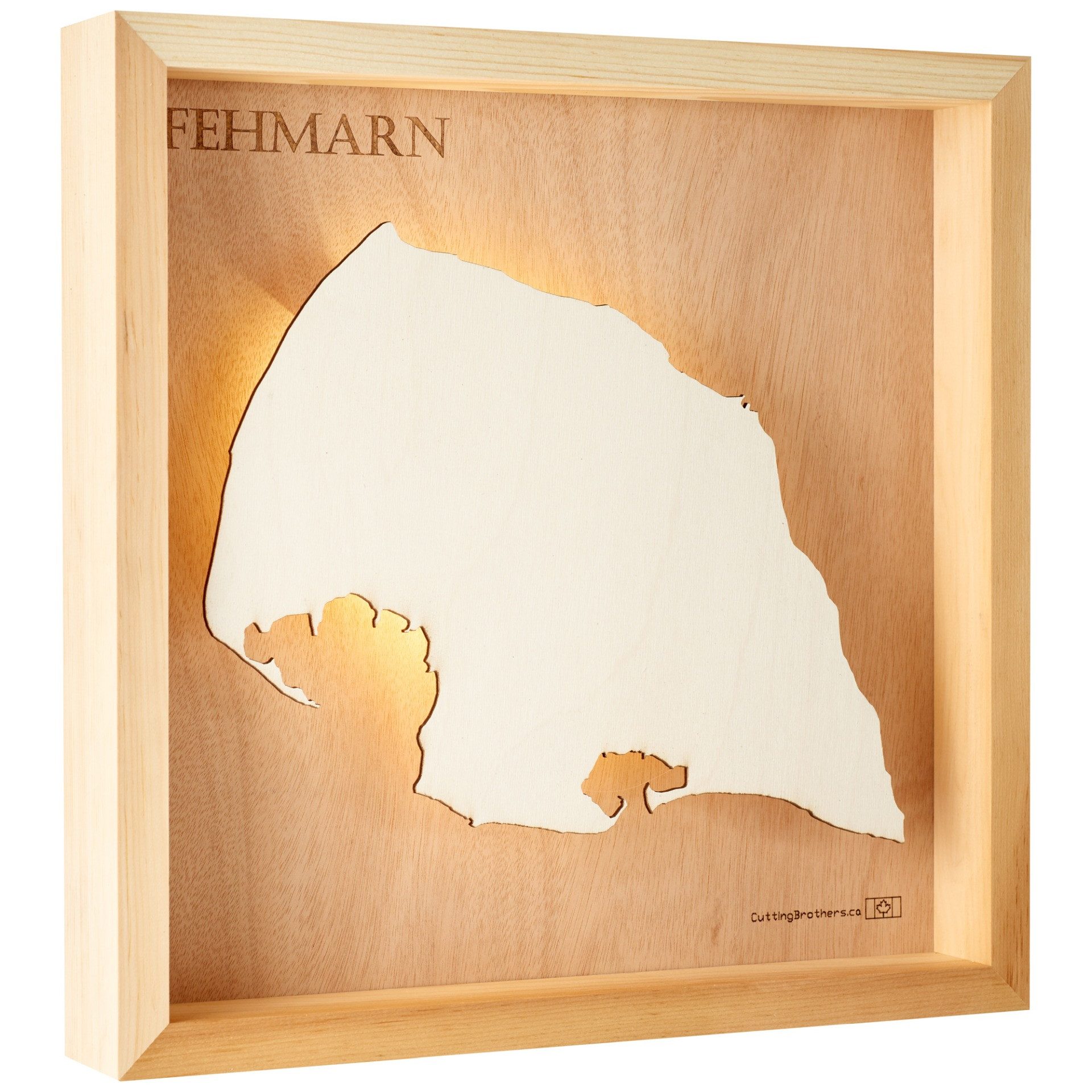 Cutting Brothers LED-Bild Fehmarn 35x35 cm, LED-Holz-Wandkarte, mit indirekter Beleuchtung, handgefertigt aus Echtholz