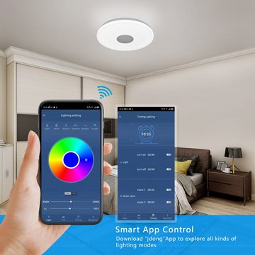 JDONG LED Deckenleuchte Dimmbar mit Doppelter Bluetooth Lautsprecher, LED fest integriert, rgb, Farbwechsel, IP44 Wasserdicht Badzimmer Deckenlampe mit Fernbedienung und APP Steue