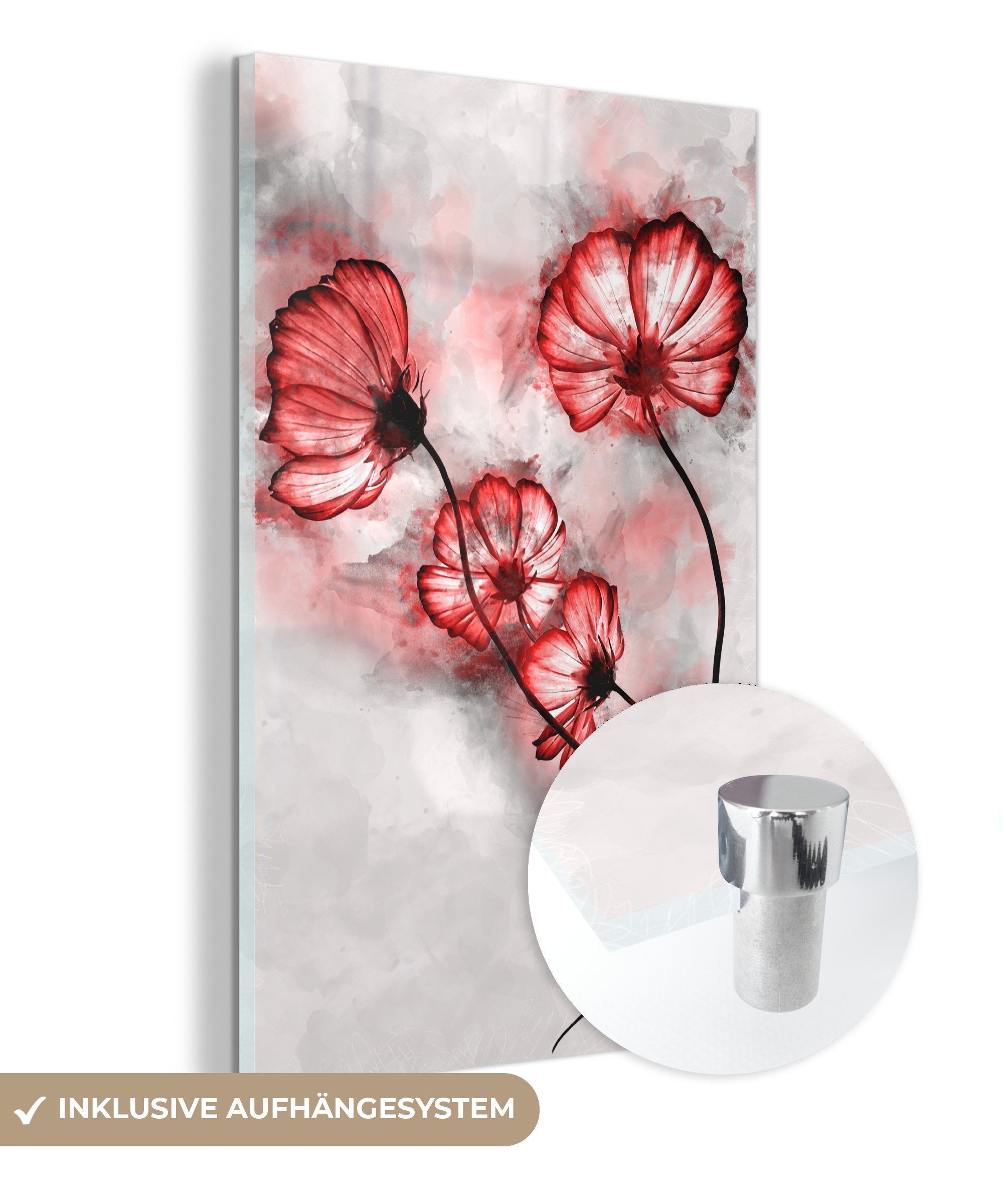 MuchoWow Acrylglasbild Blumen - Bilder - (1 - Glas Rot, - Wandbild Wanddekoration Foto - Glasbilder St), auf Aquarell Glas auf