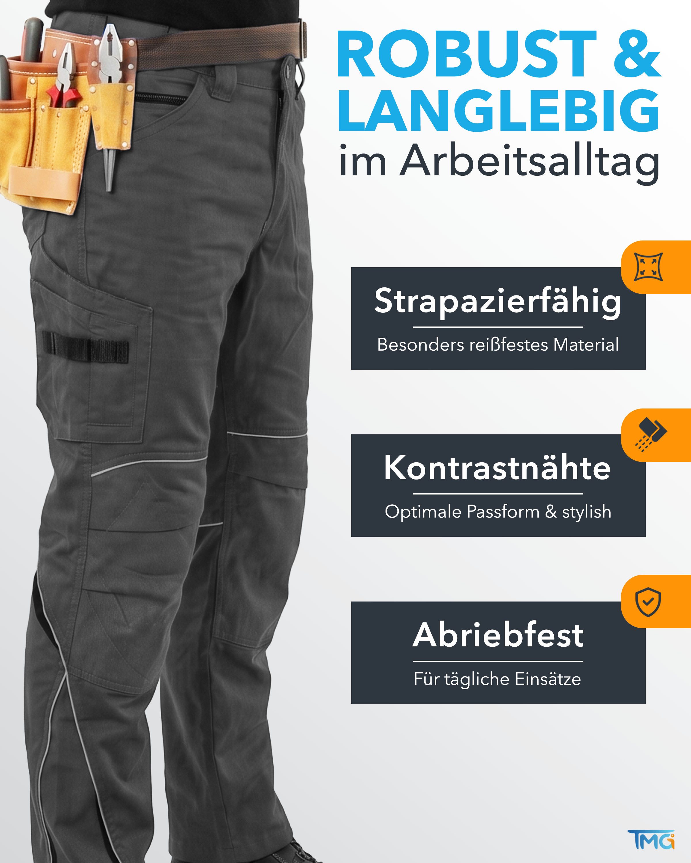 TMG International Arbeitshose Bundhose Cargohose Kultworker Herrenhose gerade und ergonomisch geschnitten - dehnbarer Hosenbund - bis Gr. 82