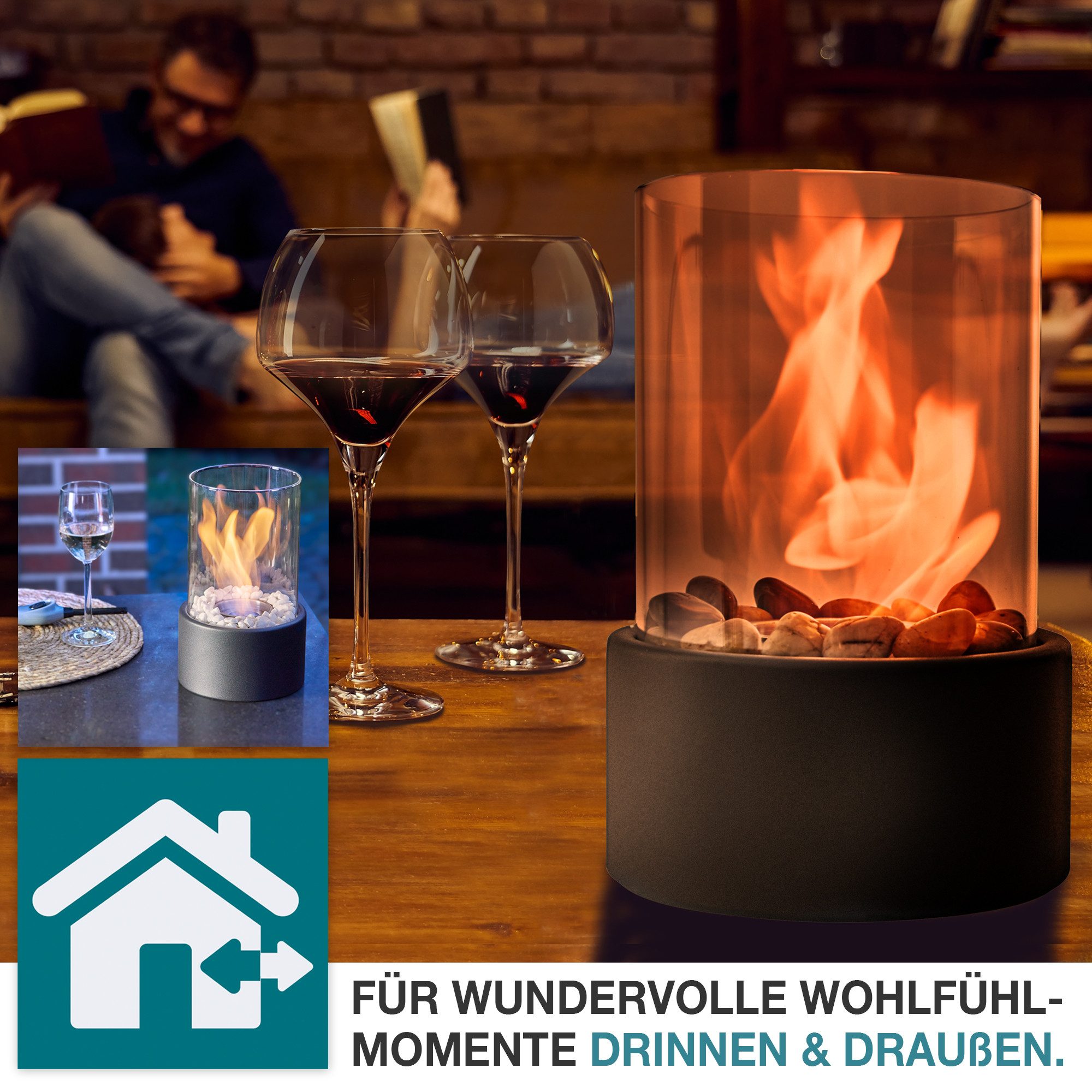 TOM Tischfeuer Tischkamin Bio Ethanol Rund Komplett Set mit Dekosteine (14-St), Standfuß – Bild 3 von 5