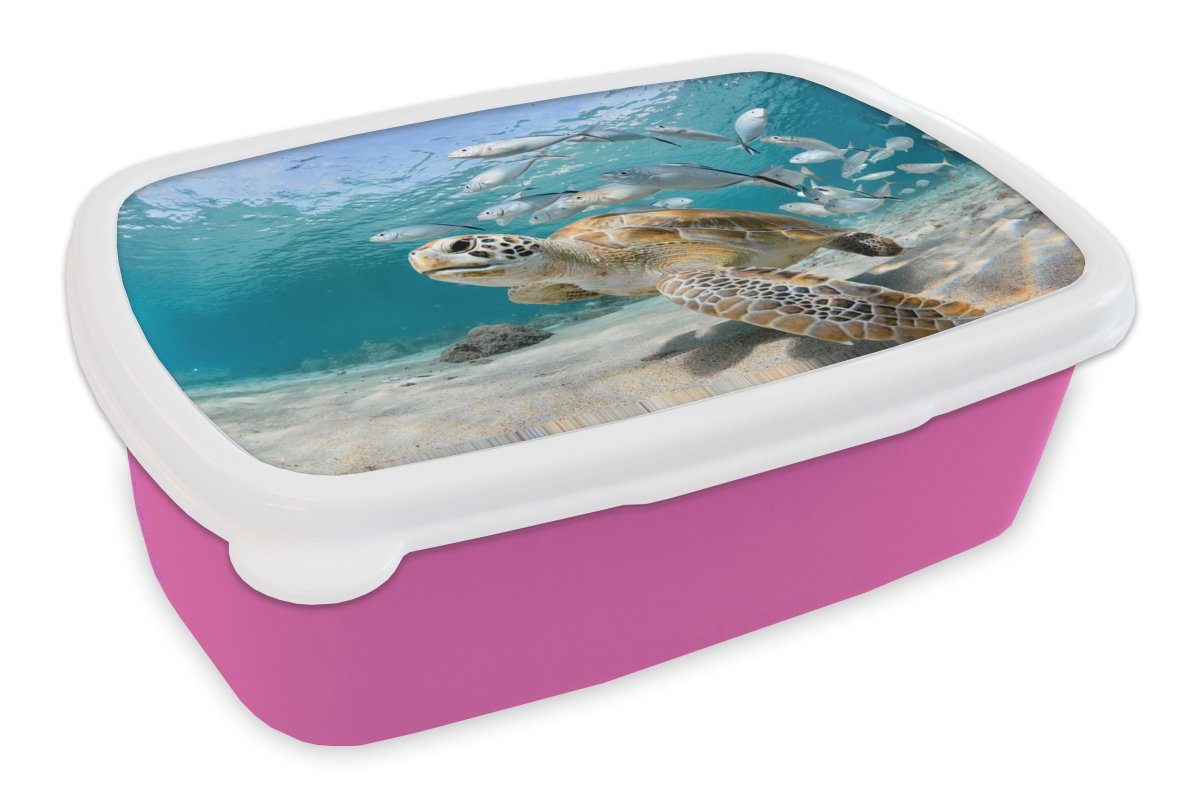 MuchoWow Lunchbox Schildkröte - Fisch - Meer, Kunststoff, (2-tlg), Brotbox für Erwachsene, Brotdose Kinder, Snackbox, Mädchen, Kunststoff rosa